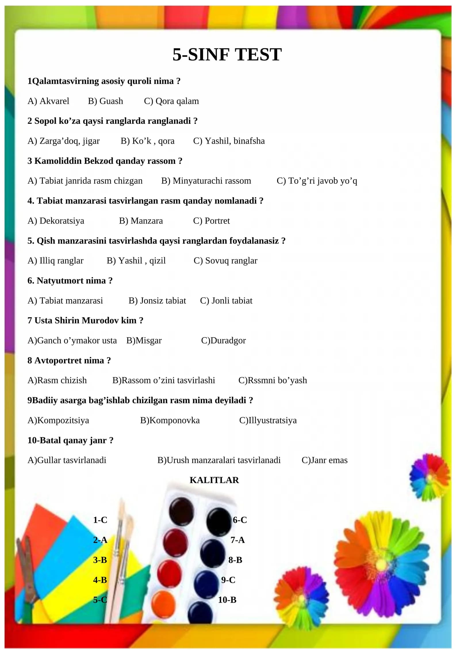 5-sinf Tasviriy san'at fanidan test
