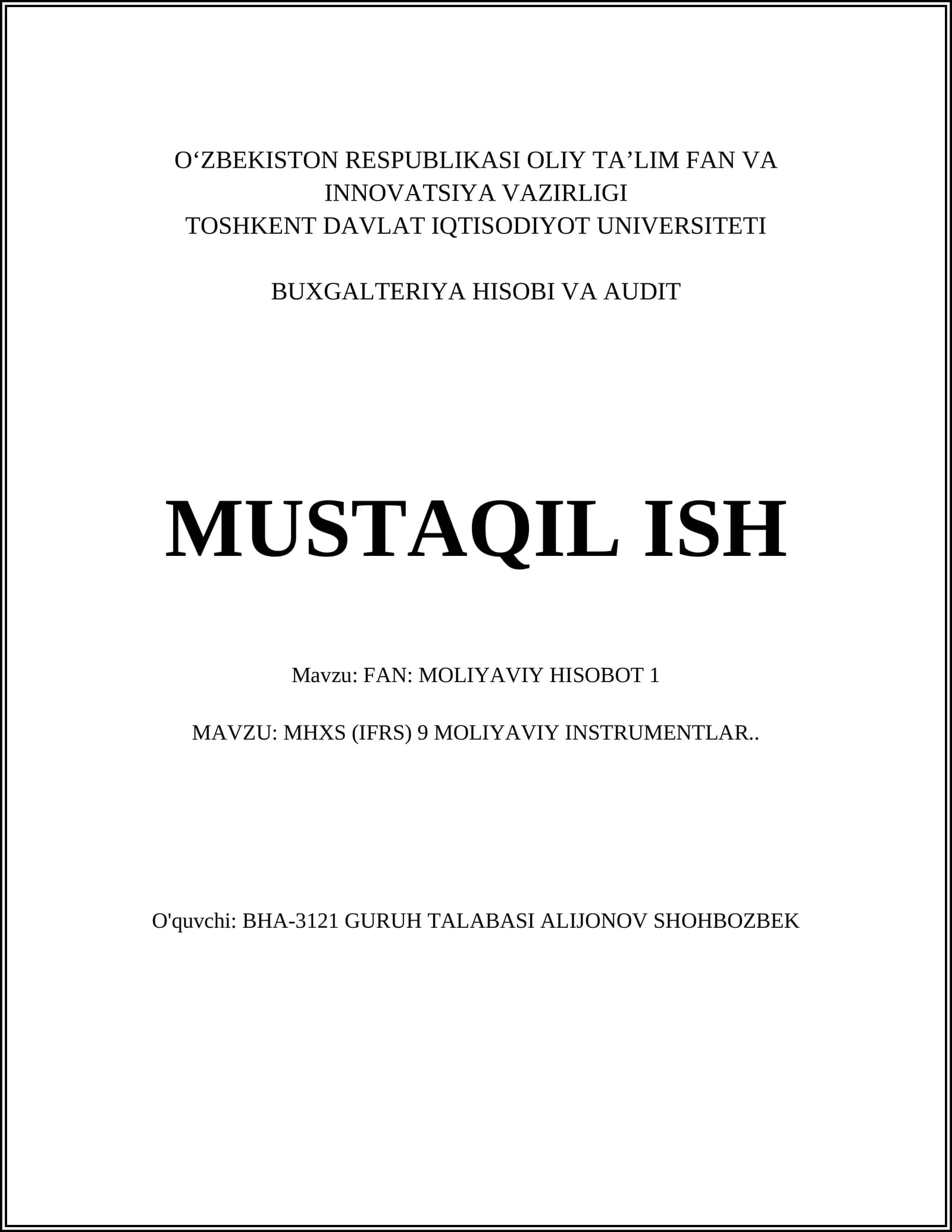 MHXS (IFRS) 9 Moliyaviy Instrumentlar