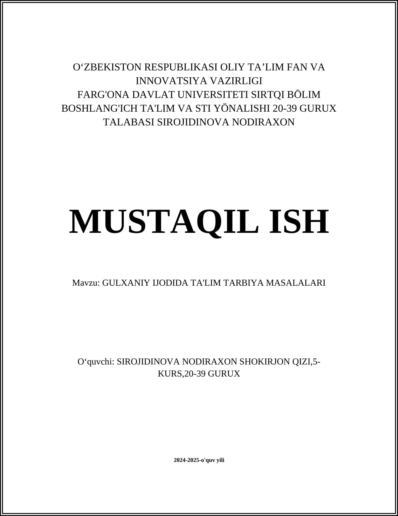 GULXANIY IJODIDA TA'LIM TARBIYA MASALALARI