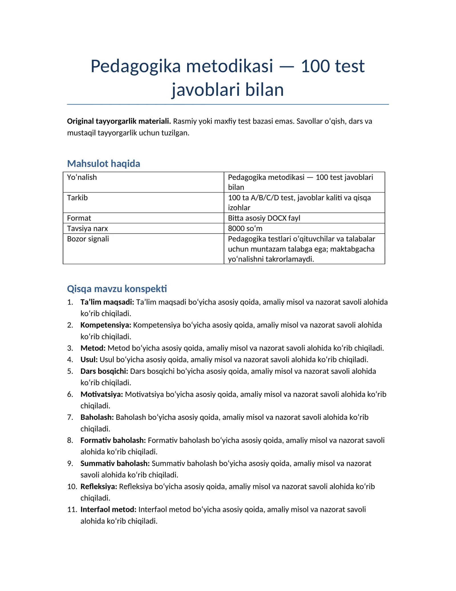 Pedagogika metodikasi — 100 test javoblari bilan