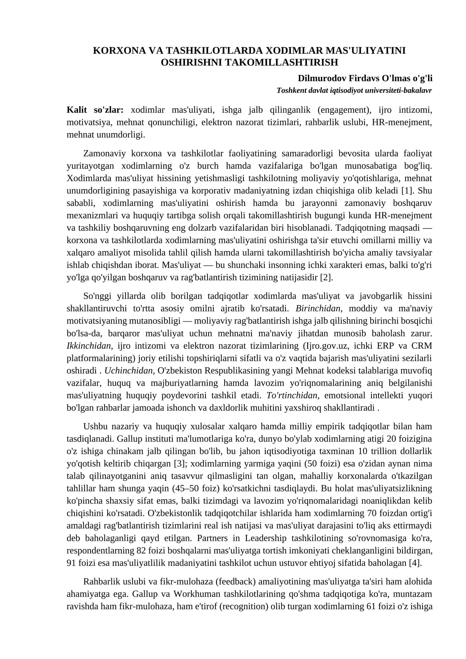 Xodimlar Mas'uliyatini Oshirishni Takomillashtirish
