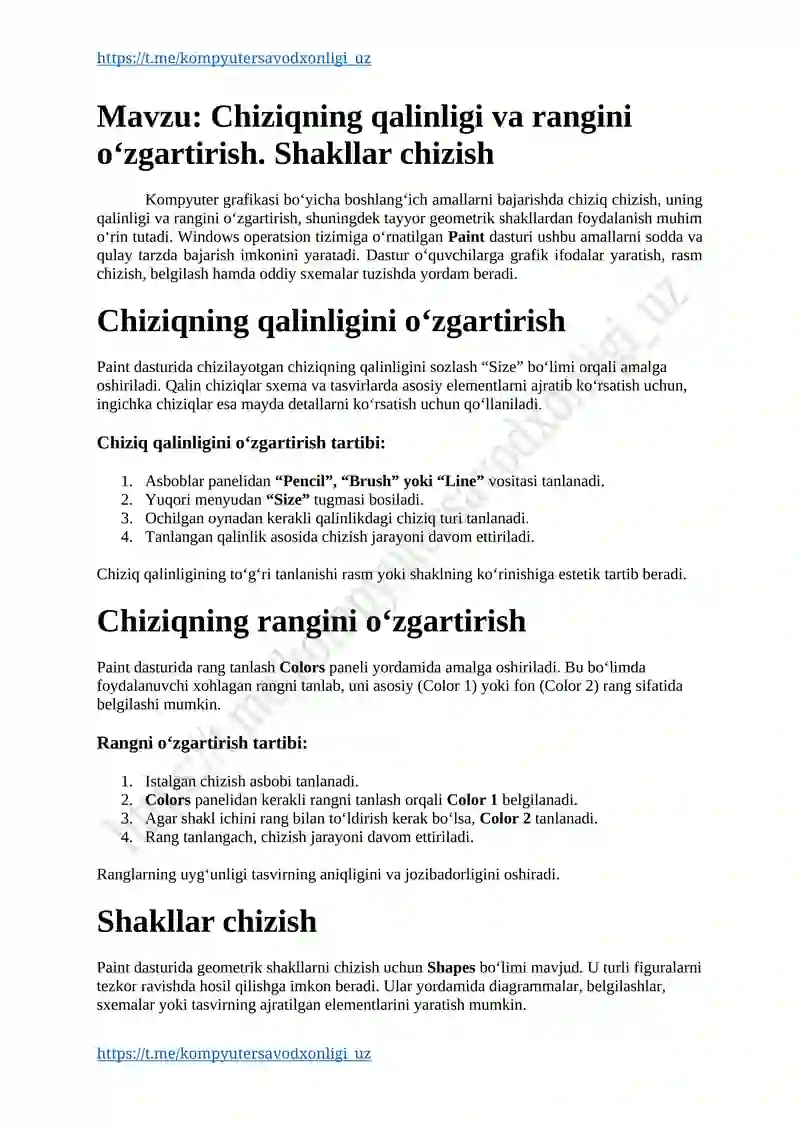 Chiziqning qalinligi va rangini o‘zgartirish. Shakllar chizish