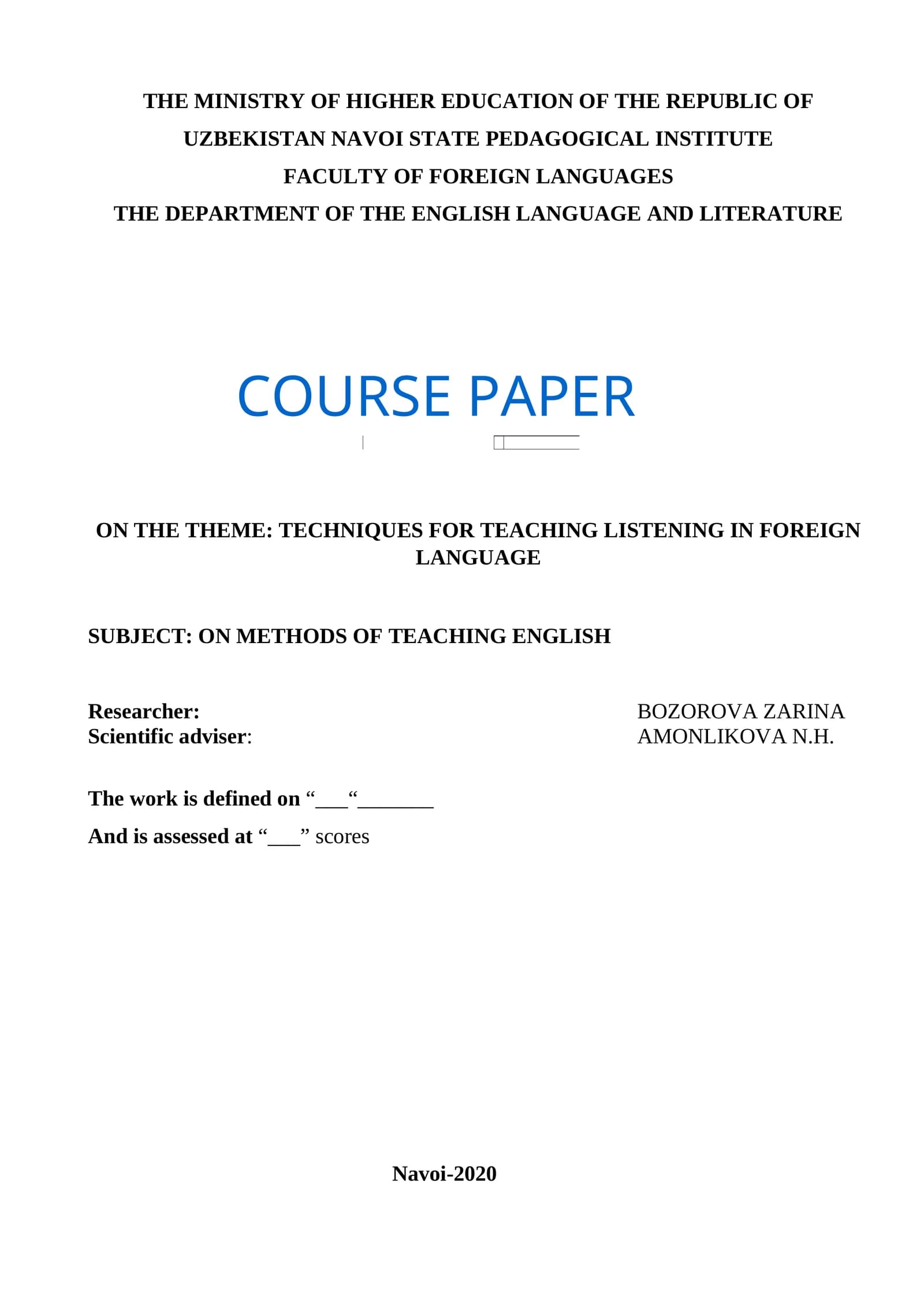COURSE PAPER ON TECHNIQUES FOR TEACHING LISTENING IN FOREIGN LANGUAGE