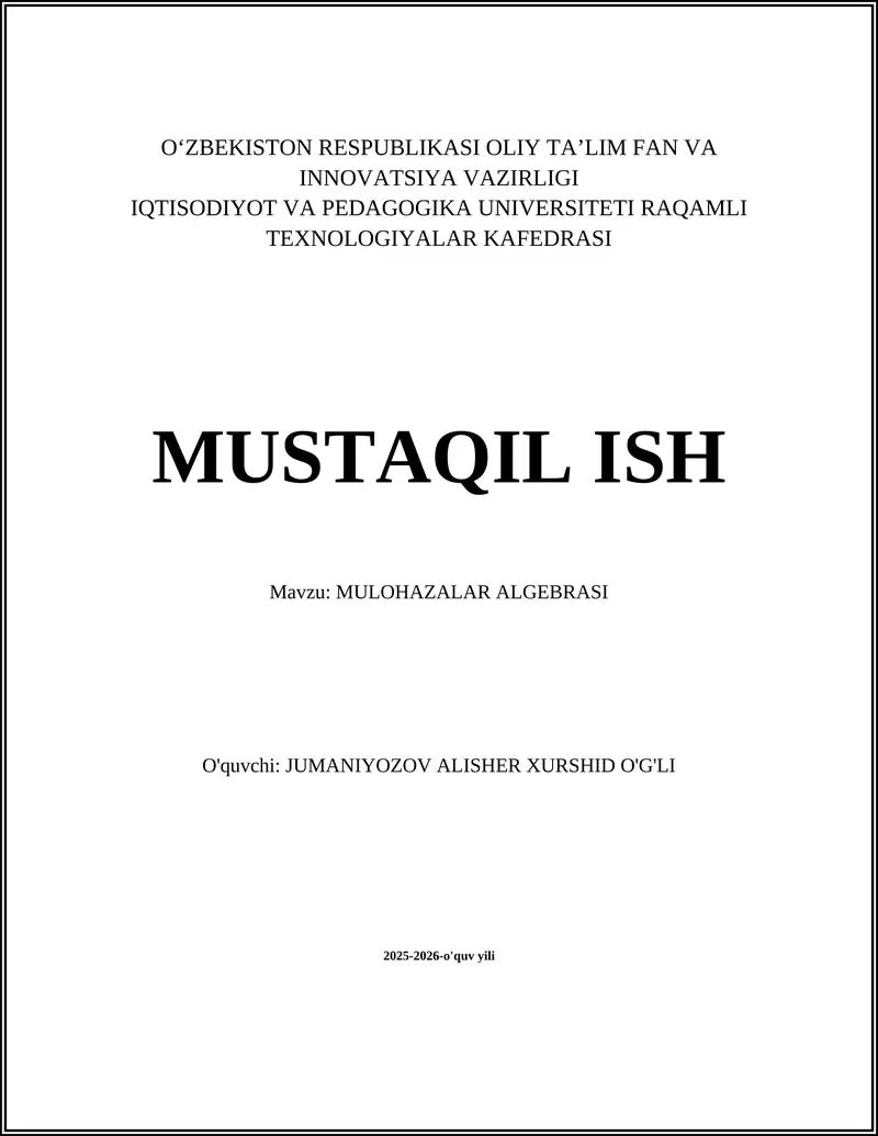 MULOHAZALAR ALGEBRASI