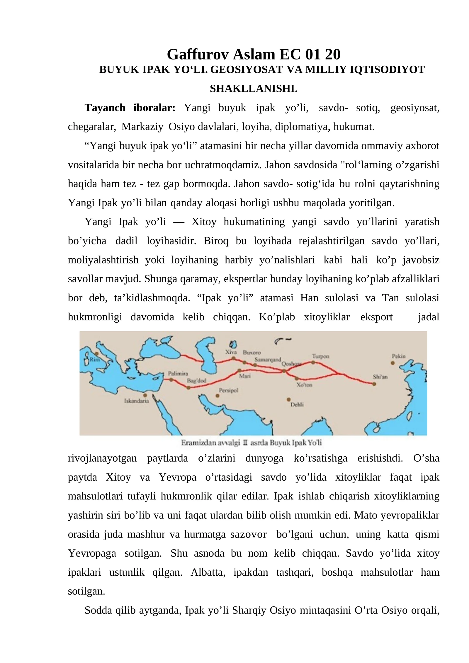 BUYUK IPAK YO‘LI. GEOSIYOSAT VA MILLIY IQTISODIYOT SHAKLLANISHI