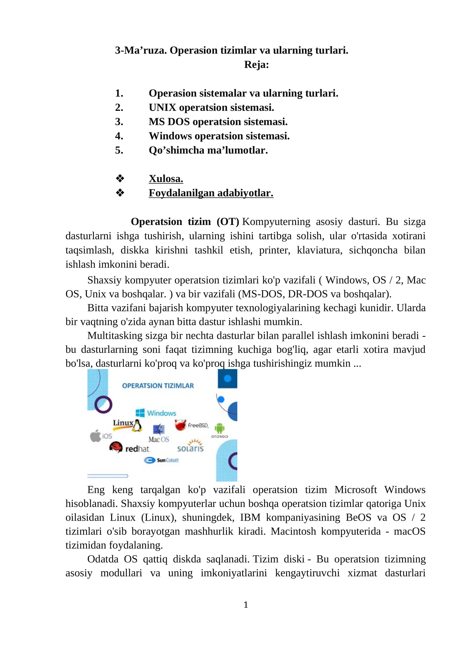 Operatsion tizimlar va ularning turlari