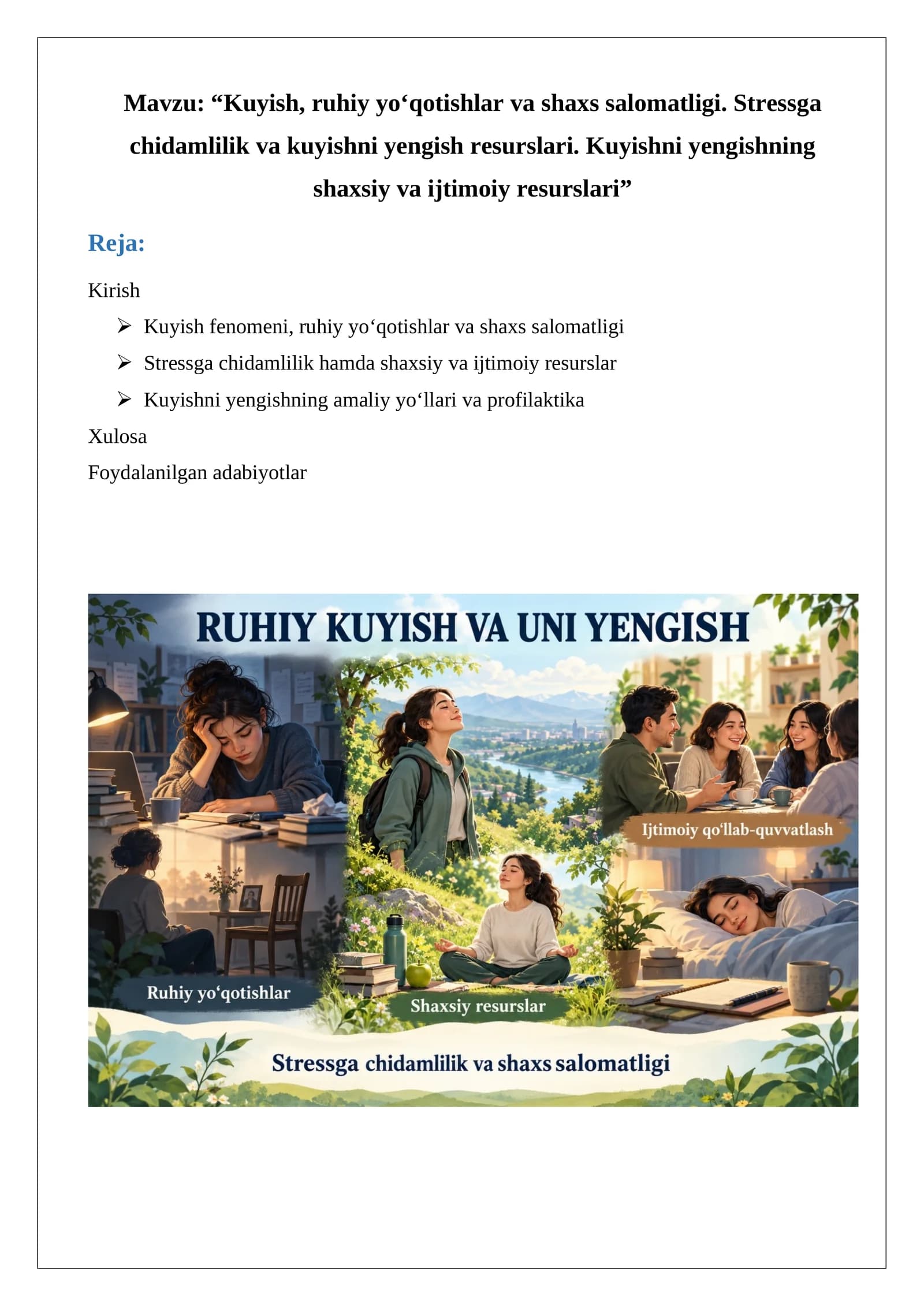 Kuyish, ruhiy yo‘qotishlar va shaxs salomatligi. Stressga chidamlilik va kuyishni yengish resurslari. Kuyishni yengishning shaxsiy va ijtimoiy resurslari Referat.docx