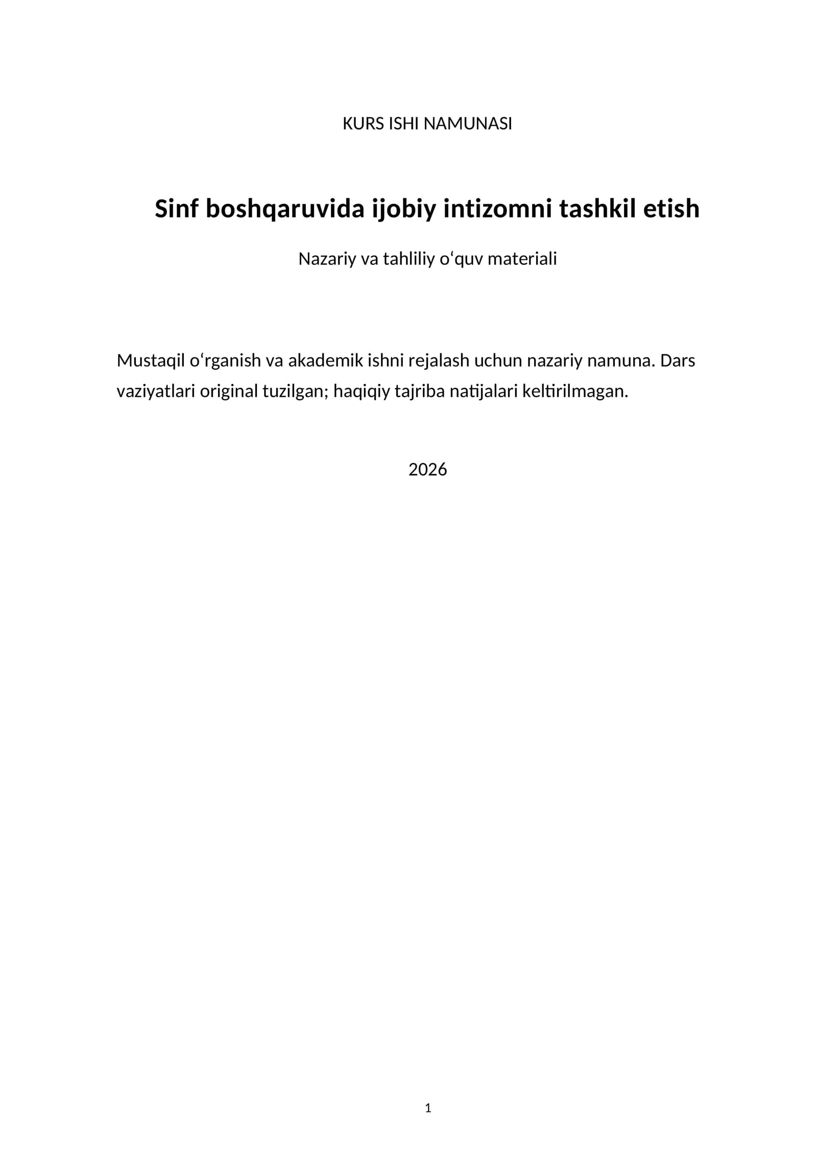 Sinf boshqaruvida ijobiy intizomni tashkil etish — kurs ishi namunasi