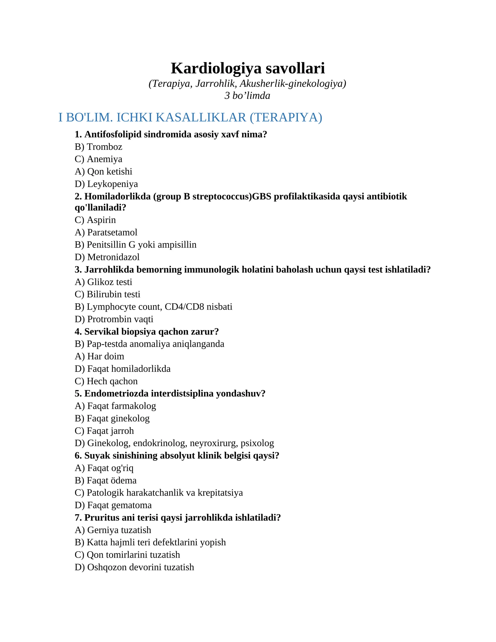 Kardiologiya savollari