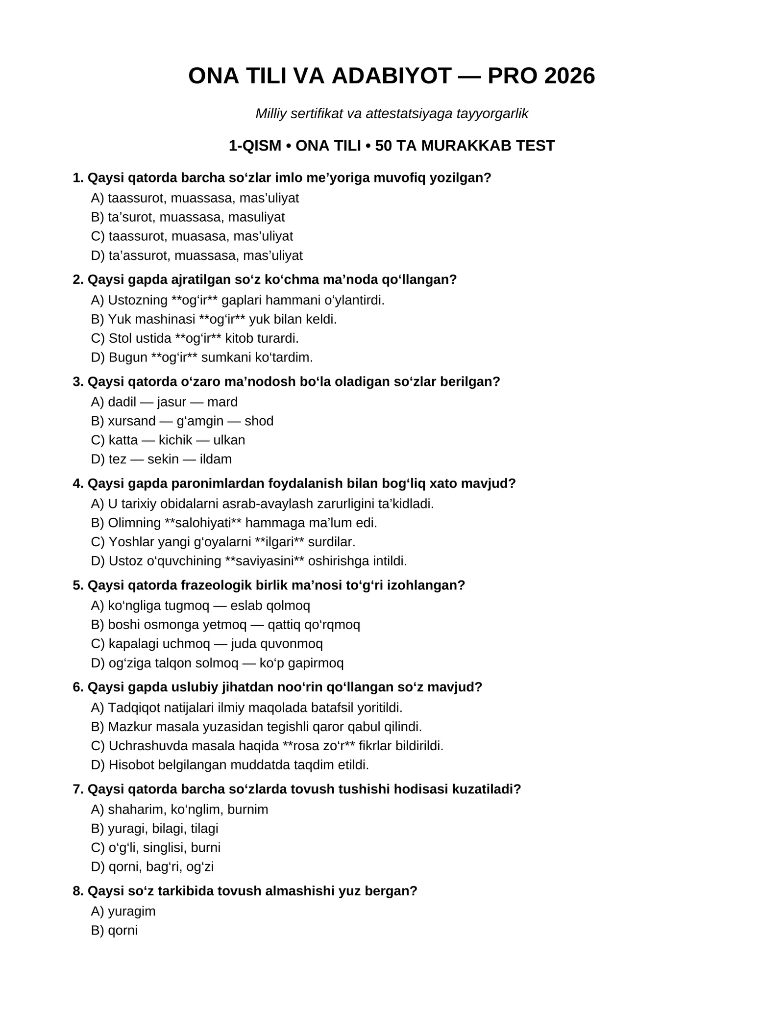 Ona tili — PRO 2026 | Milliy sertifikat va attestatsiyaga tayyorgarlik uchun 50 ta murakkab test