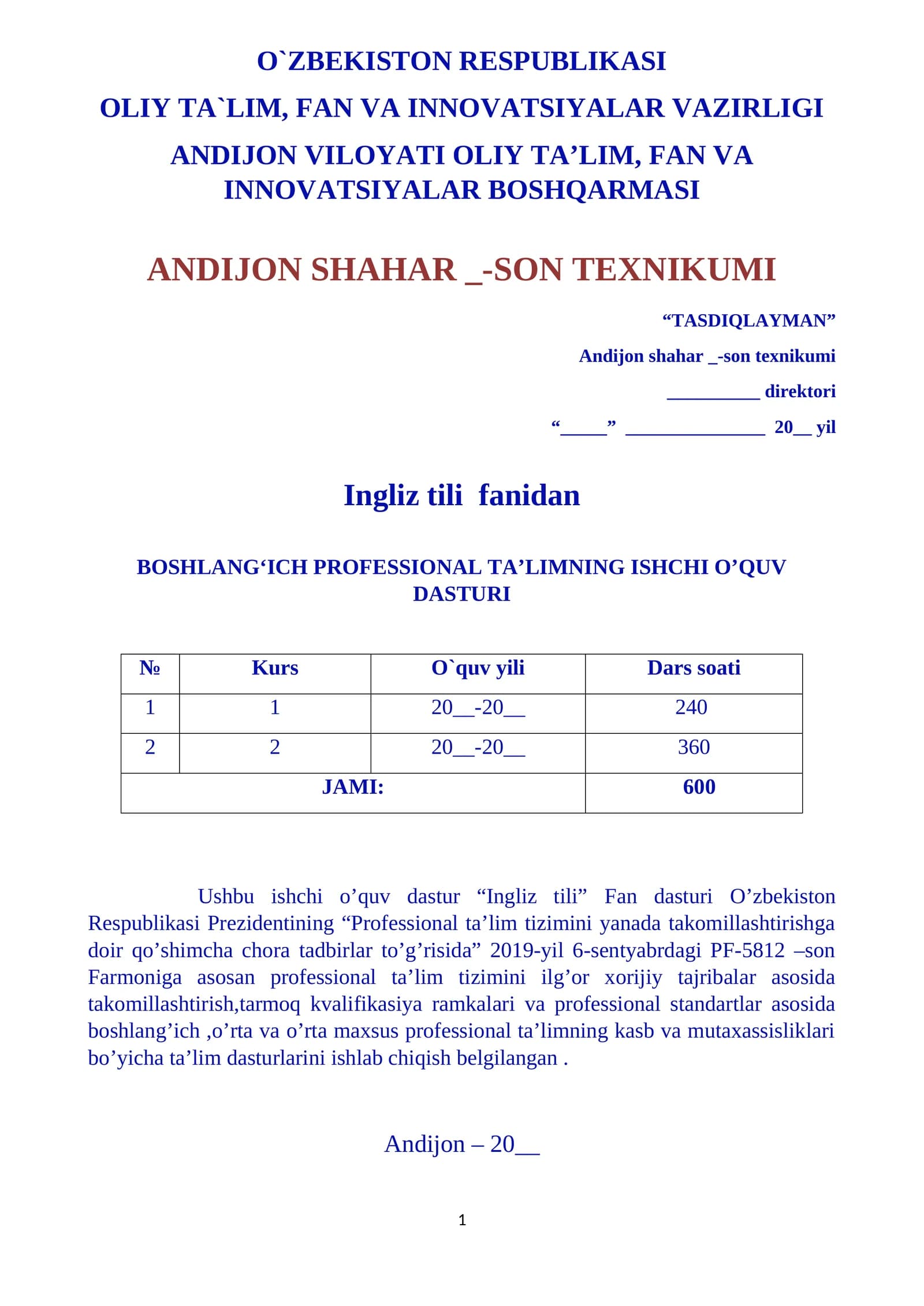Ingliz tilidan ISHCHI O’QUV DASTURI