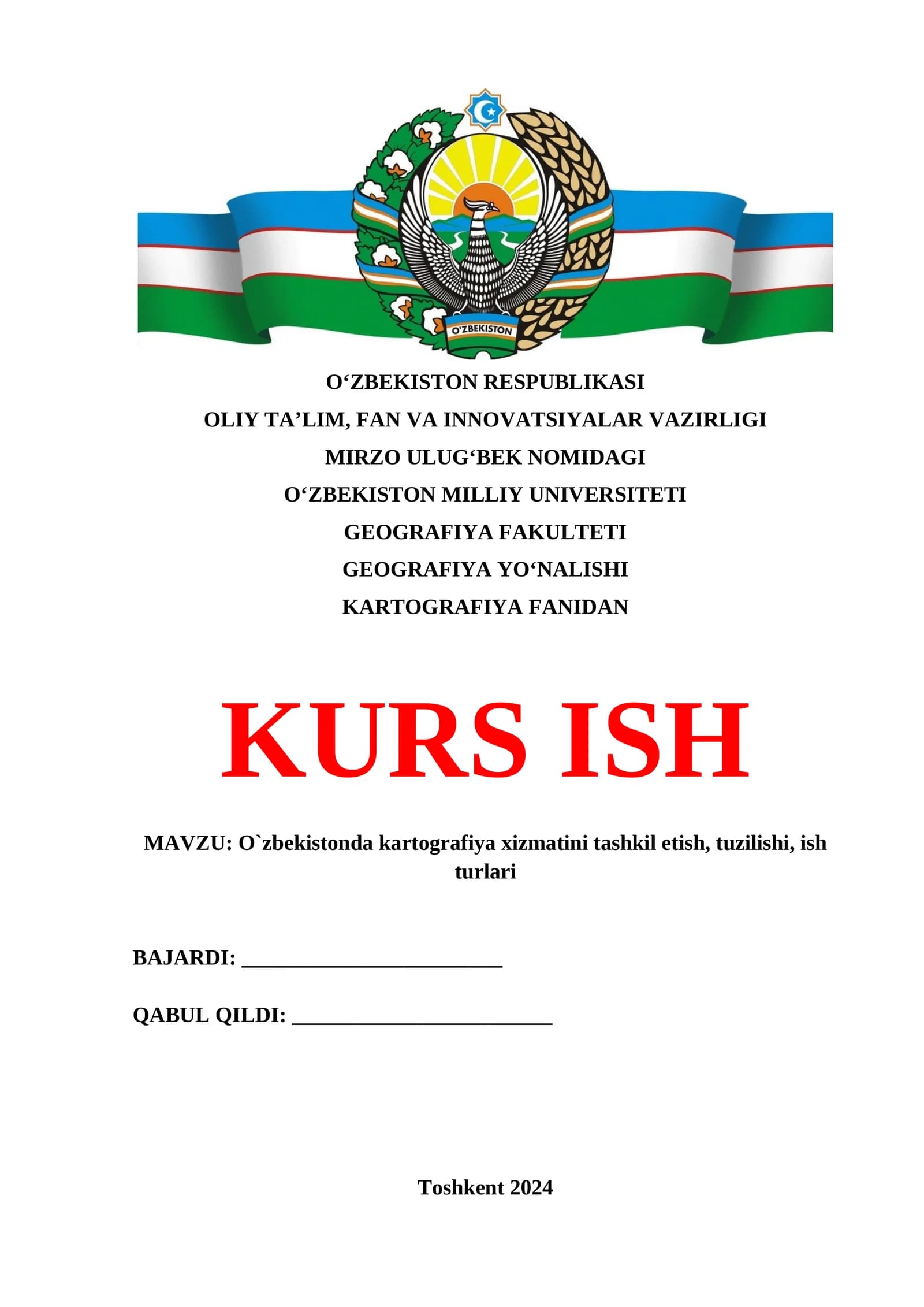 O`zbekistonda kartografiya xizmatini tashkil etish, tuzilishi, ish turlari