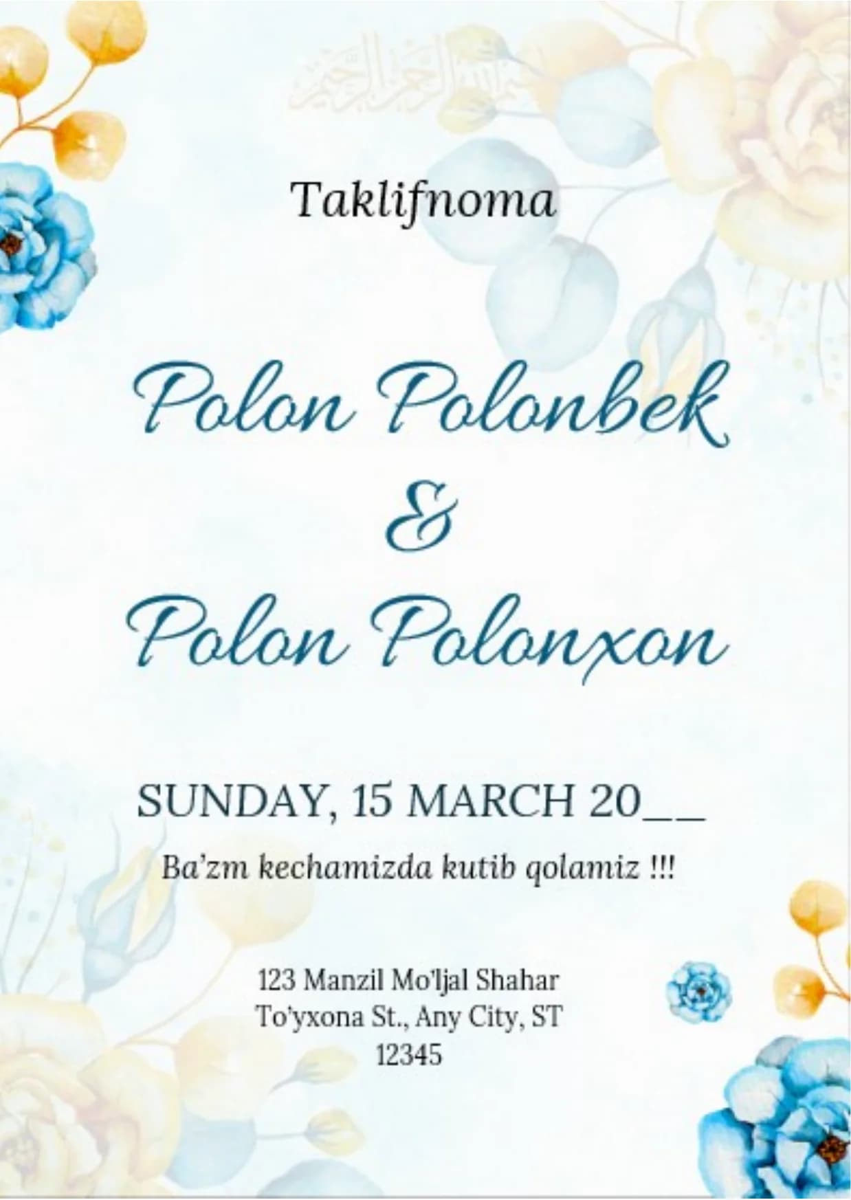 Taklifnoma SHABLON