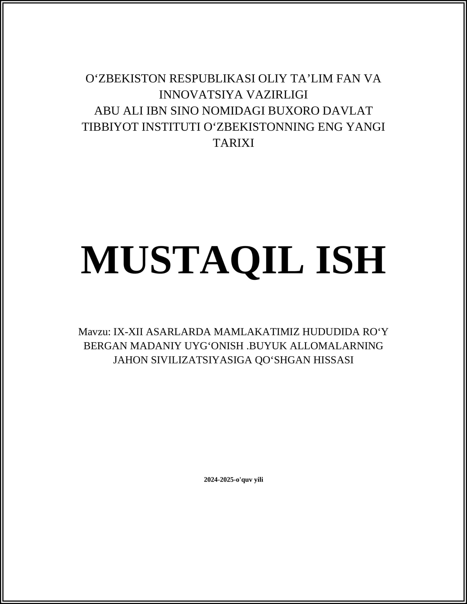 O‘ZBEKISTONNING ENG YANGI TARIXI MUSTAQIL ISH