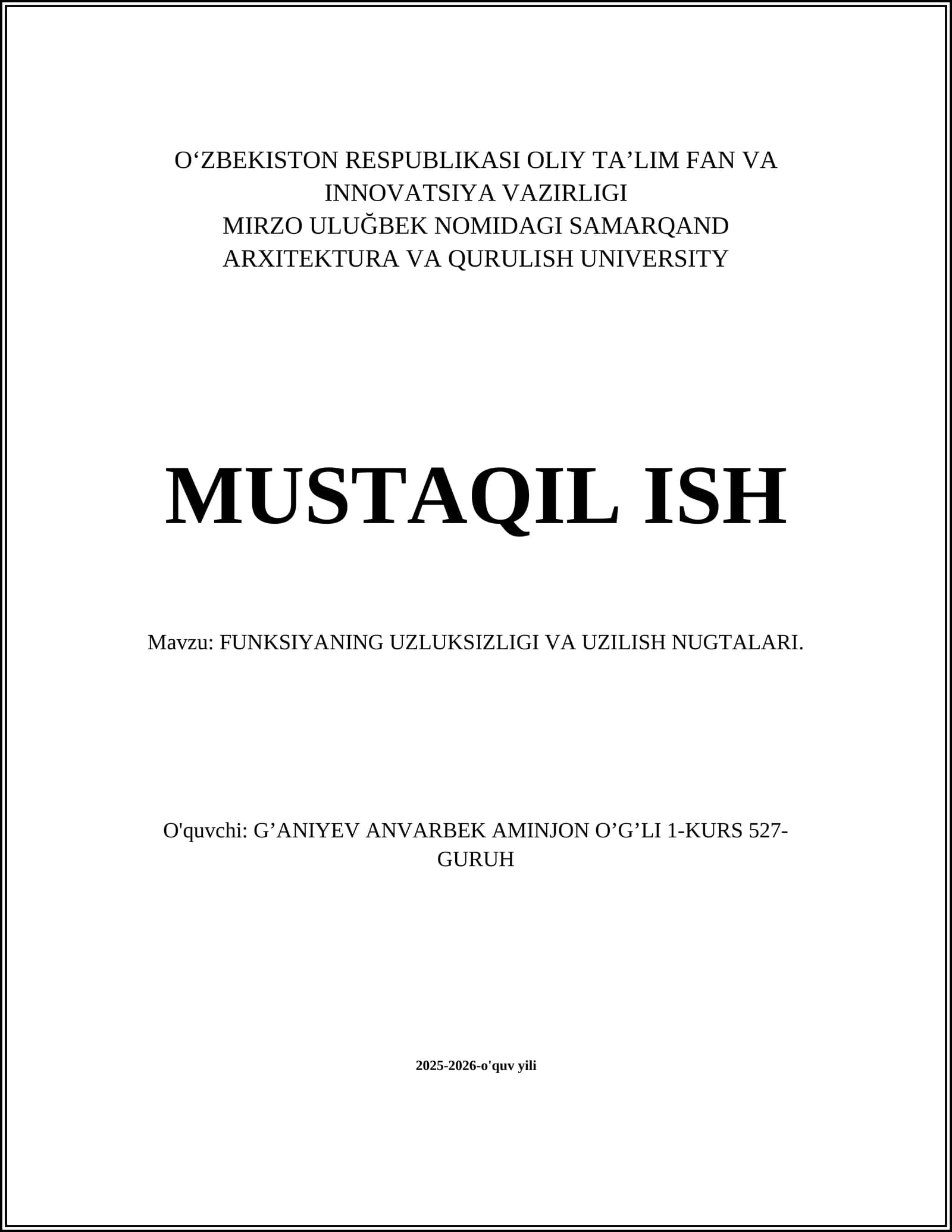 FUNKSIYANING UZLUKSIZLIGI VA UZILISH NUGTALARI