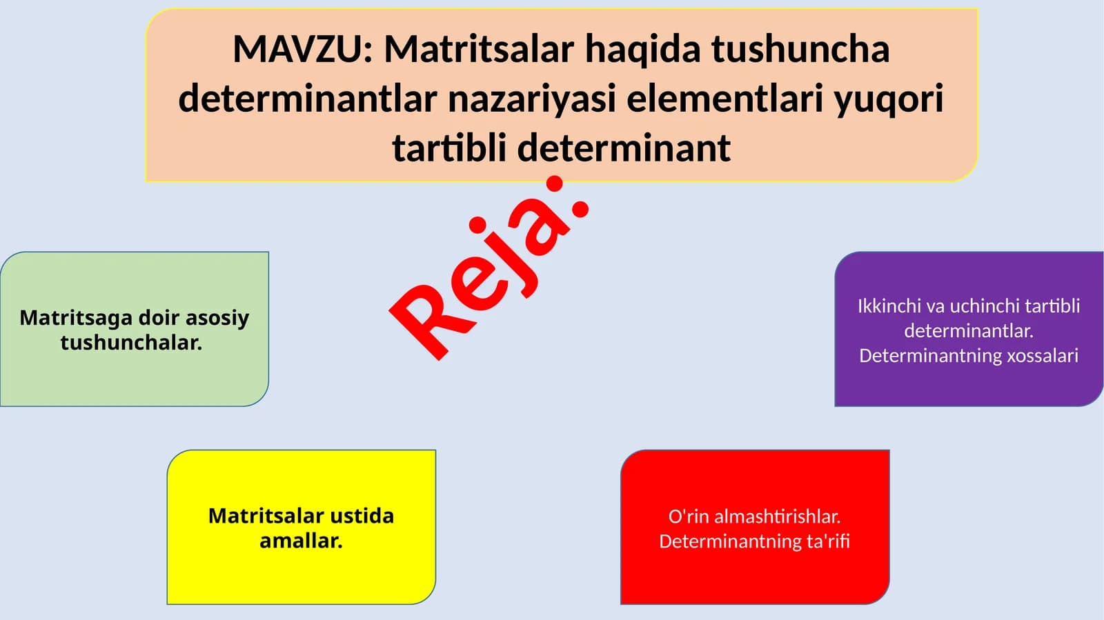 Matritsalar haqida tushuncha determinantlar nazariyasi elementlari yuqori tartibli determinant