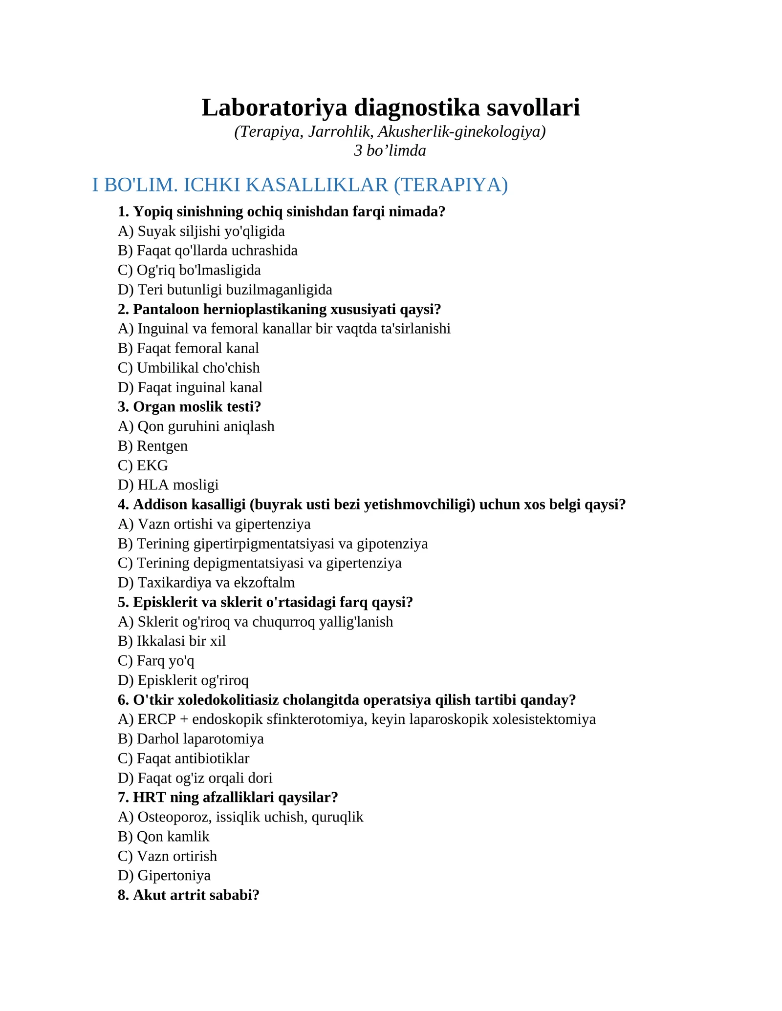 Laboratoriya diagnostika savollari