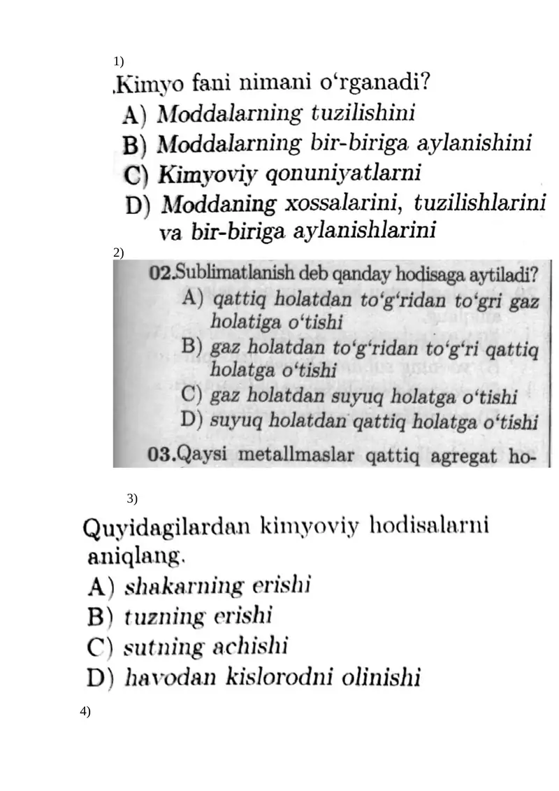 Kimyo faniga kirish test