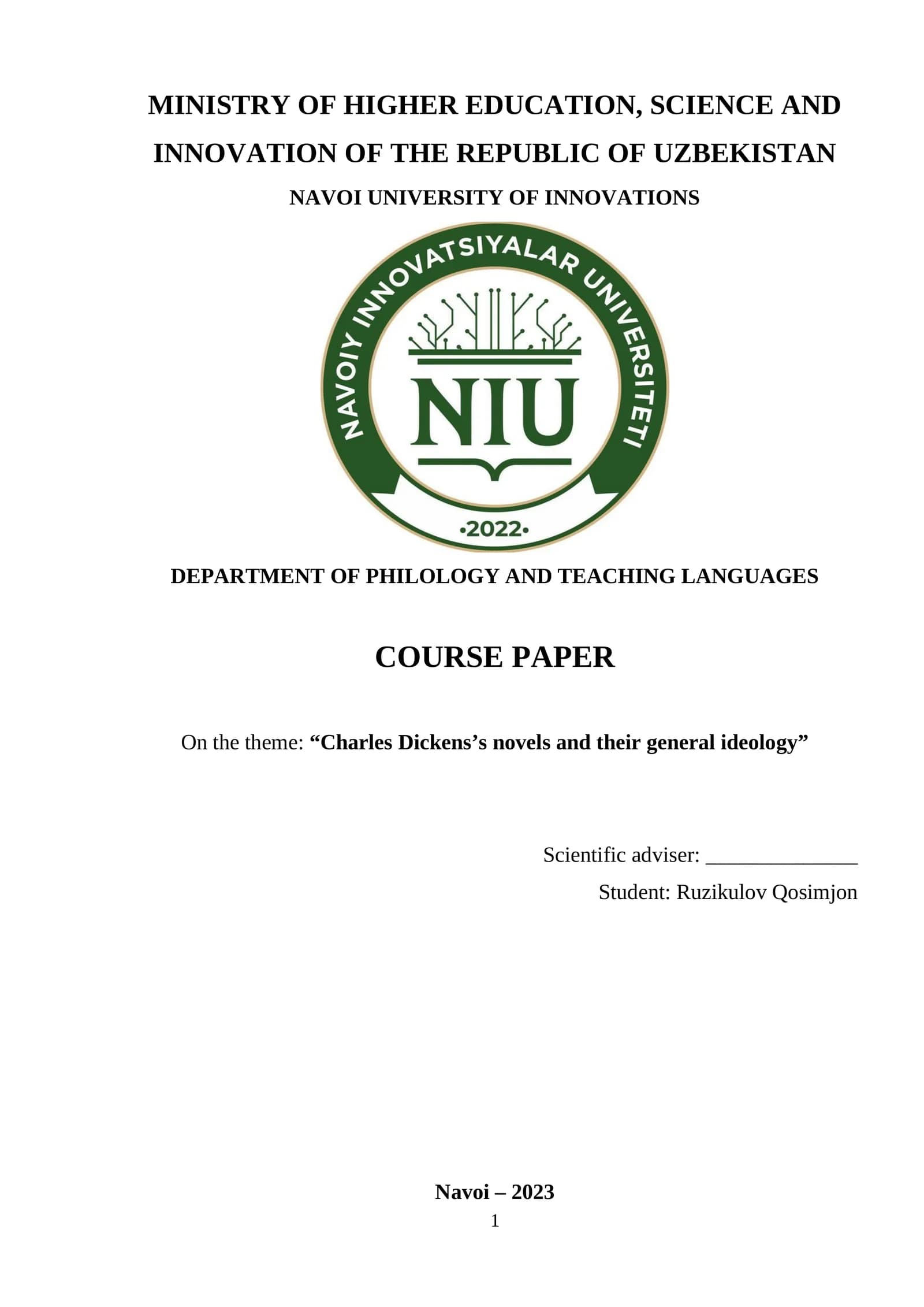 Course Paper on "Charles Dickens’s novels and their general ideology"