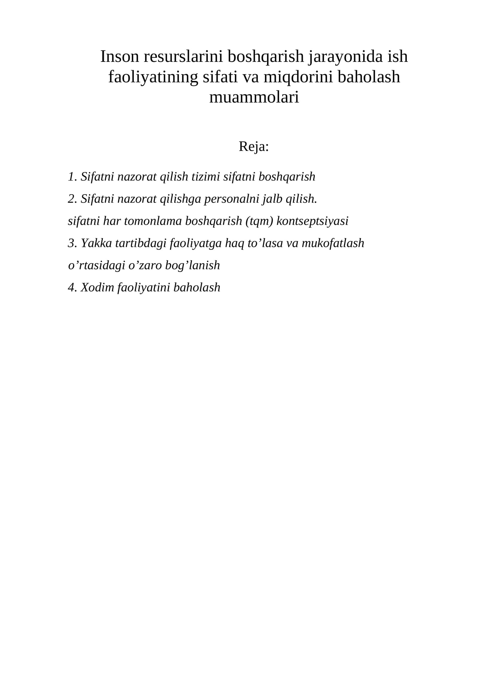 Sifatni nazorat qilish tizimi sifatni boshqarish