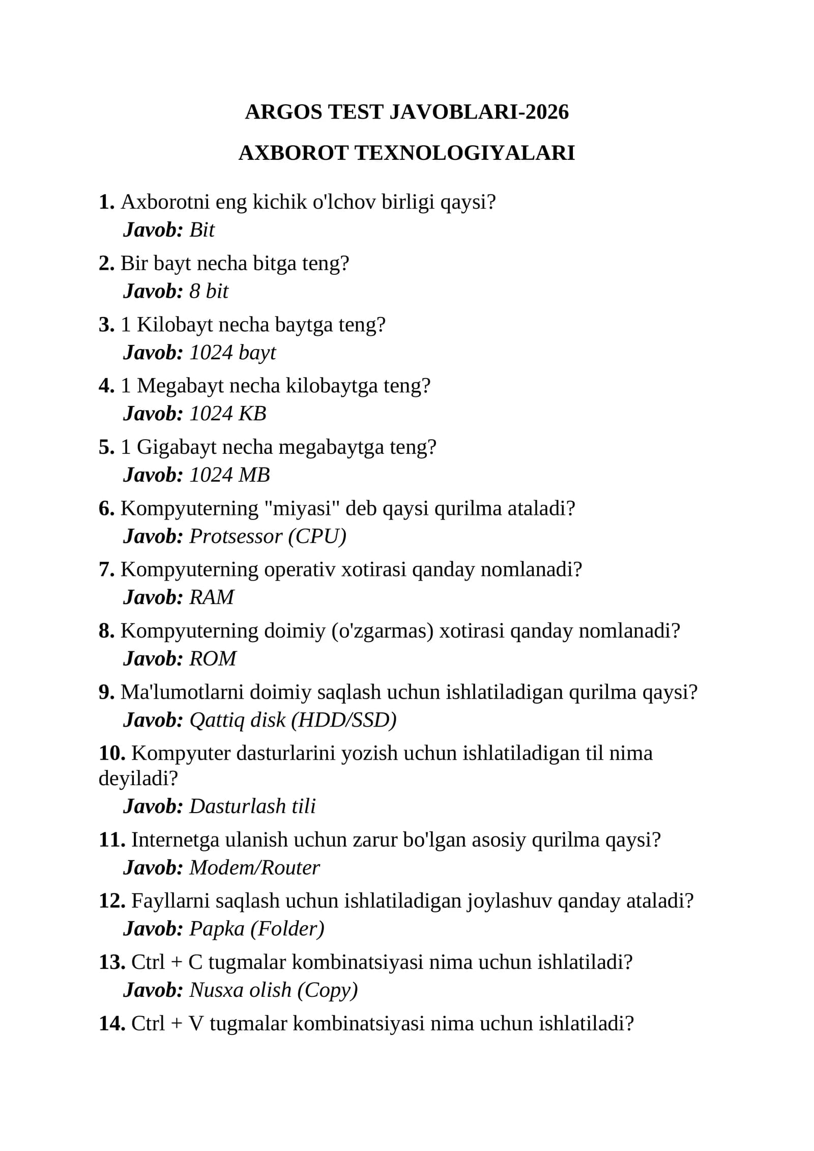 AGROS test javoblari 2026 yil yangi