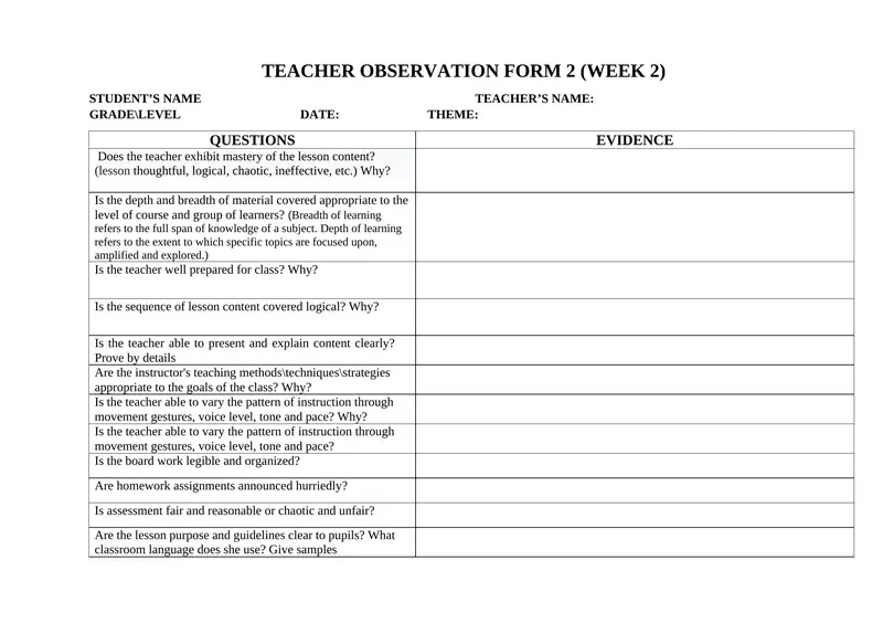 TEACHER OBSERVATION FORM 2 (WEEK 2)