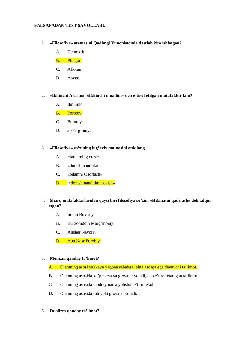 FALSAFADAN TEST SAVOLLARI