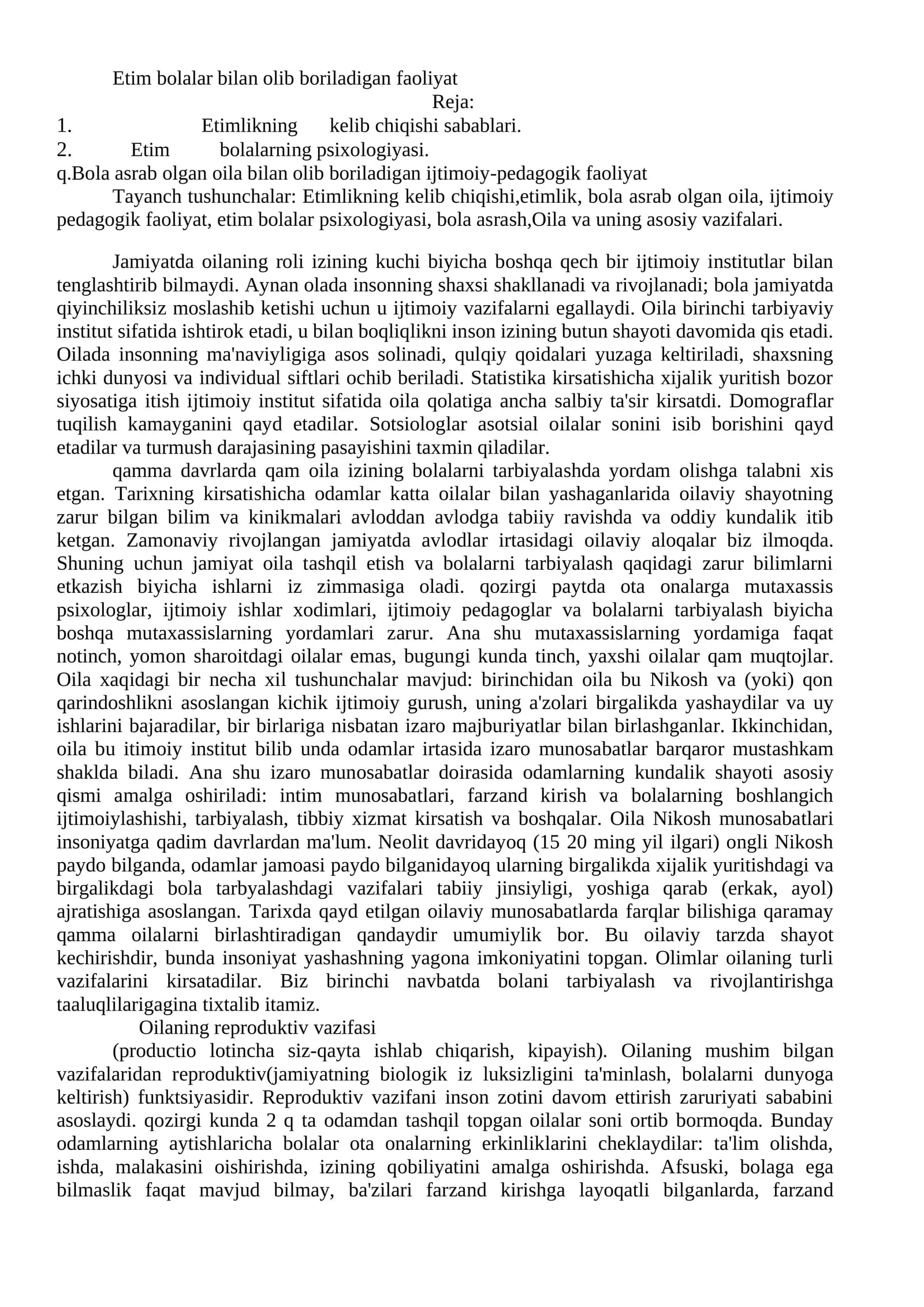 Etim bolalar bilan olib boriladigan faoliyat