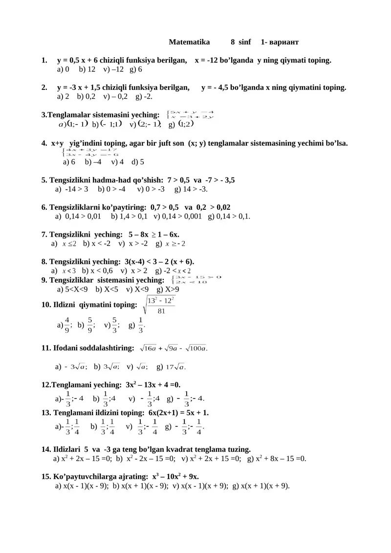 Matematika 8 sinf test