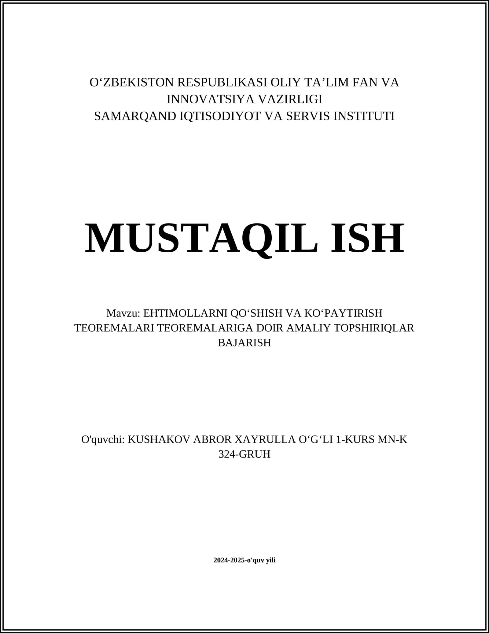 EHTIMOLLARNI QOʻSHISH VA KOʻPAYTIRISH TEOREMALARI TEOREMALARIGA DOIR AMALIY TOPSHIRIQLAR BAJARISH