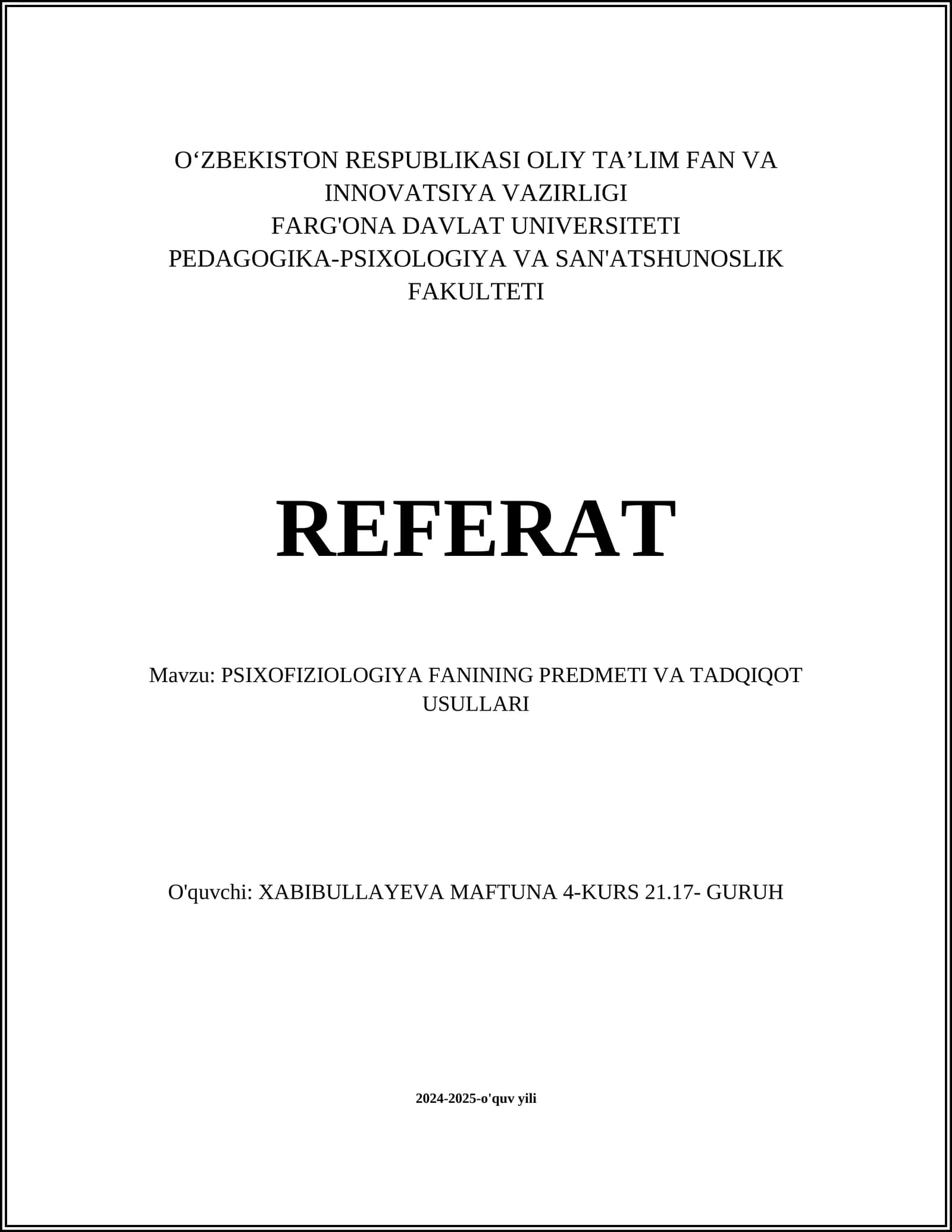 PSIXOFIZIOLOGIYA FANINING PREDMETI VA TADQIQOT USULLARI
