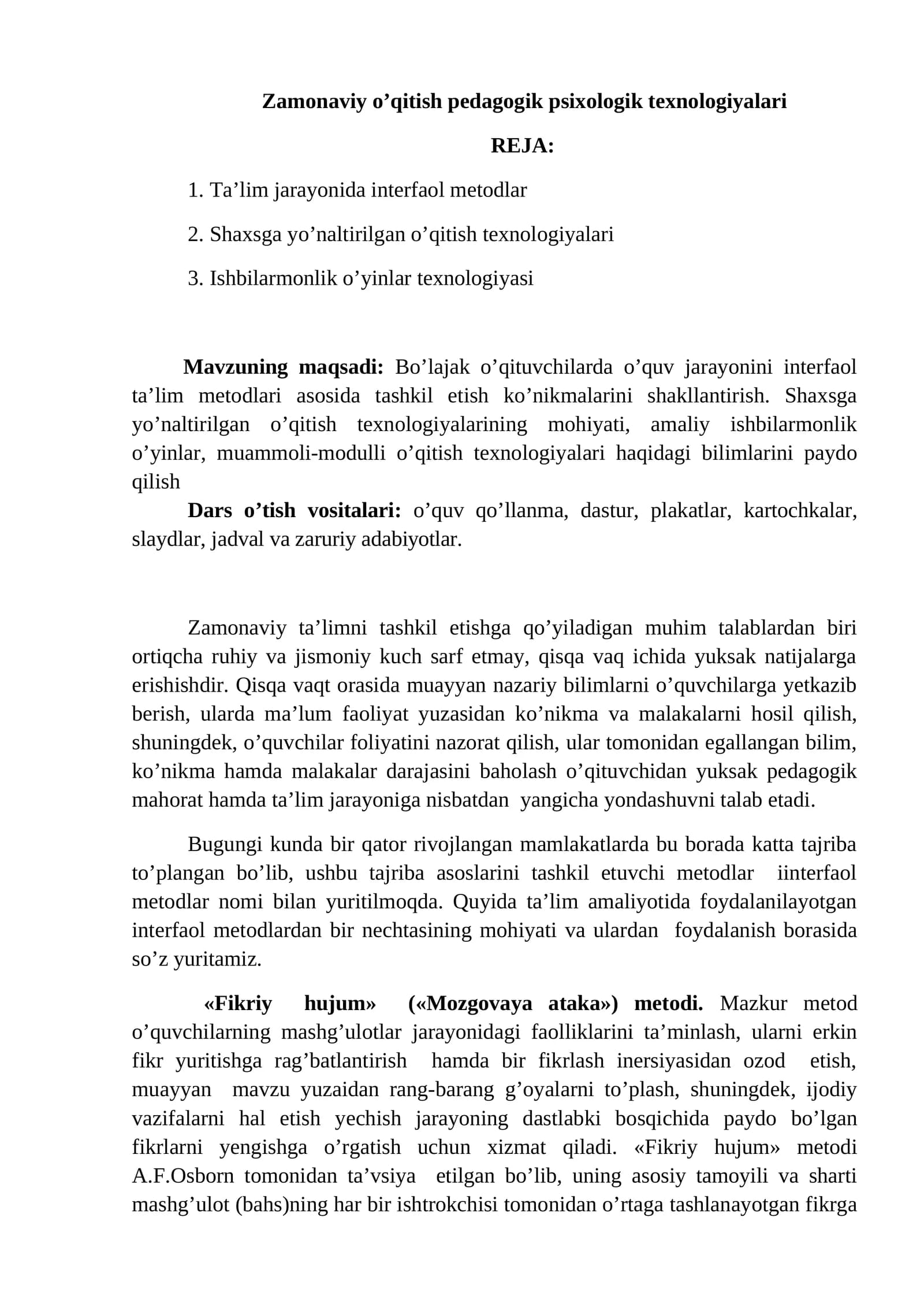 Zamonaviy o’qitish pedagogik psixologik texnologiyalari