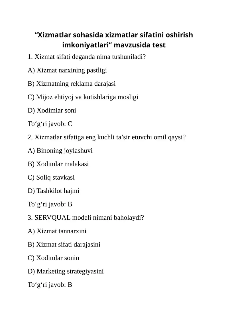 Xizmatlar sifatini oshirish imkoniyatlari