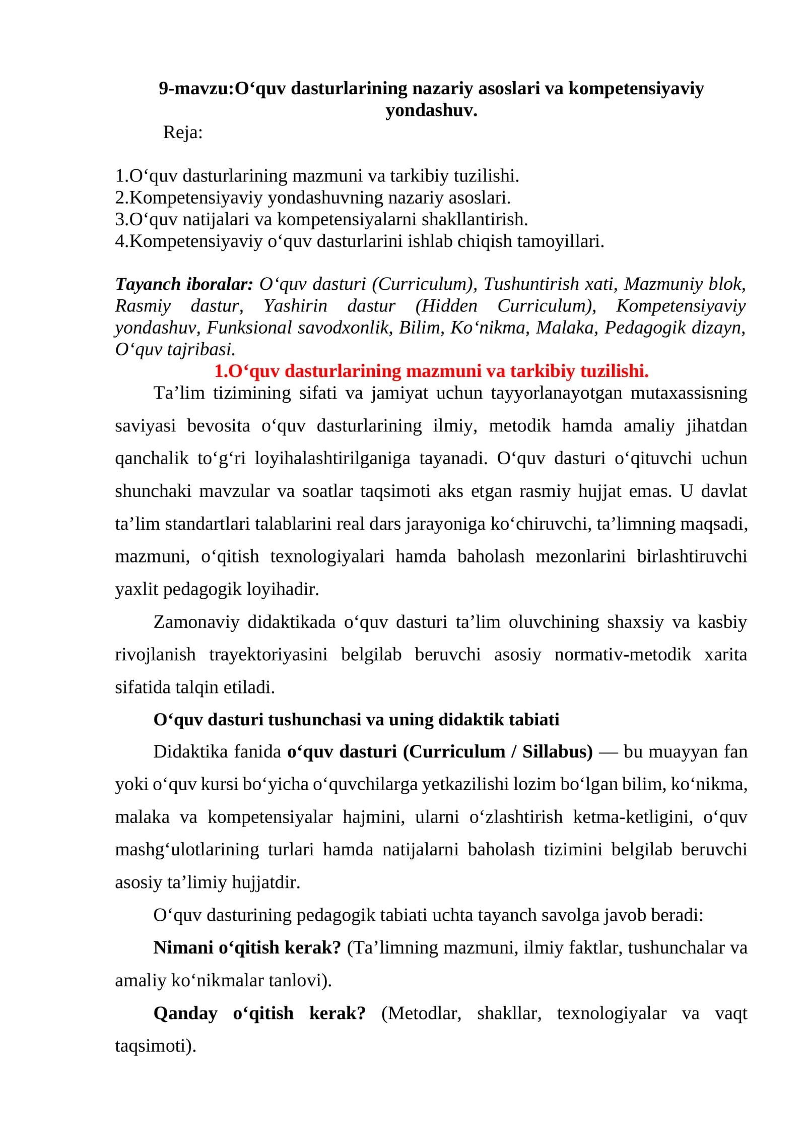 O‘quv dasturlarining mazmuni va tarkibiy tuzilishi