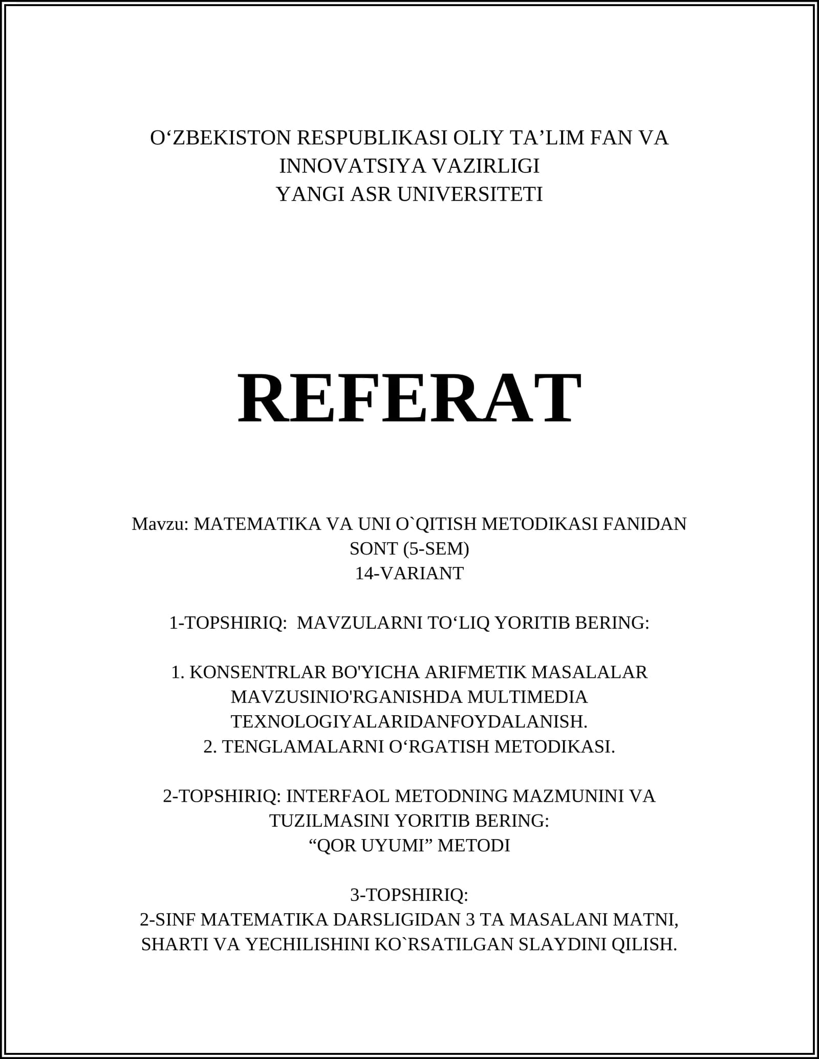 MATEMATIKA VA UNI O`QITISH METODIKASI FANIDAN SONT (5-SEM)