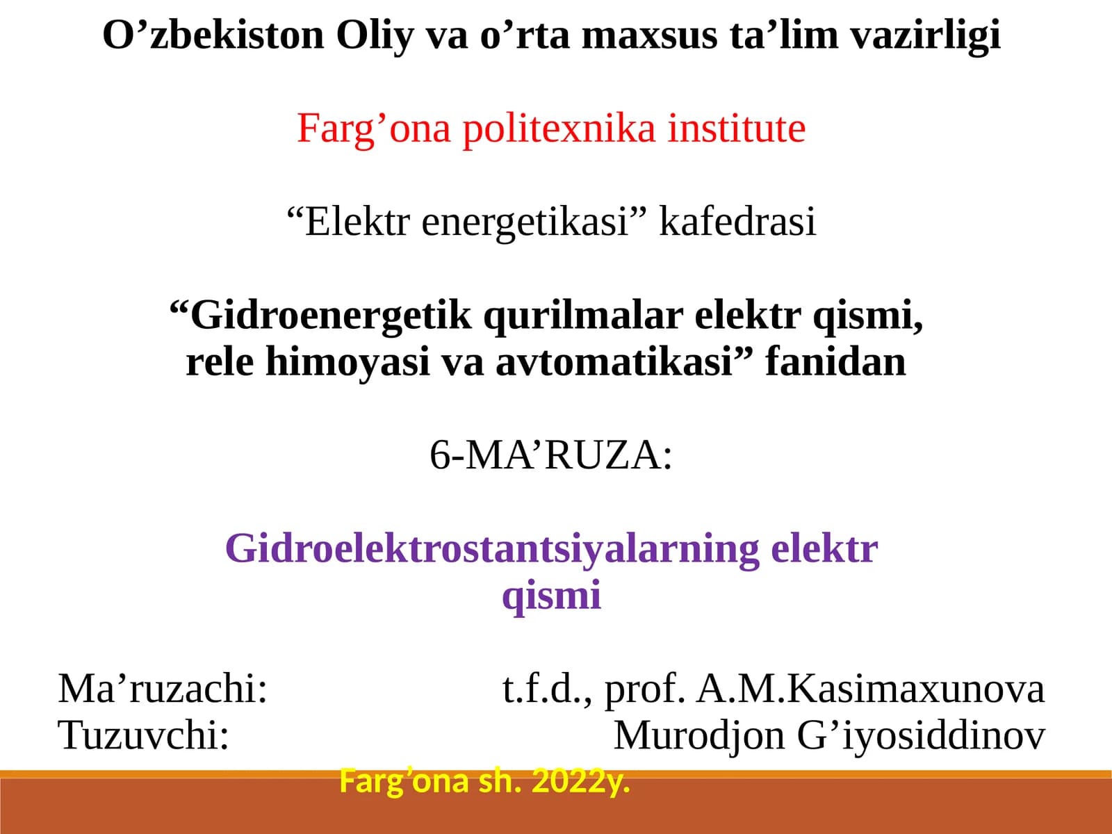 6-MA’RUZA: Gidroelektrostantsiyalarning elektr qismi