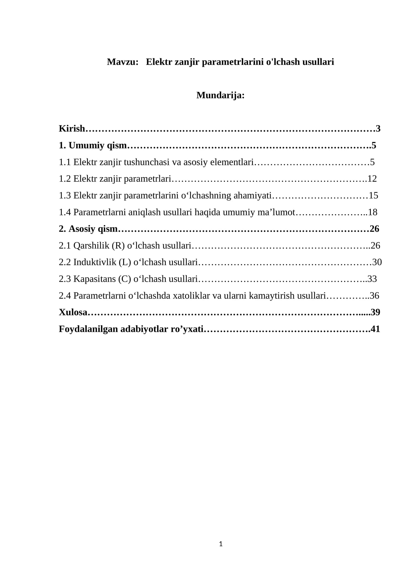 Elektr zanjir parametrlarini o'lchash usullari