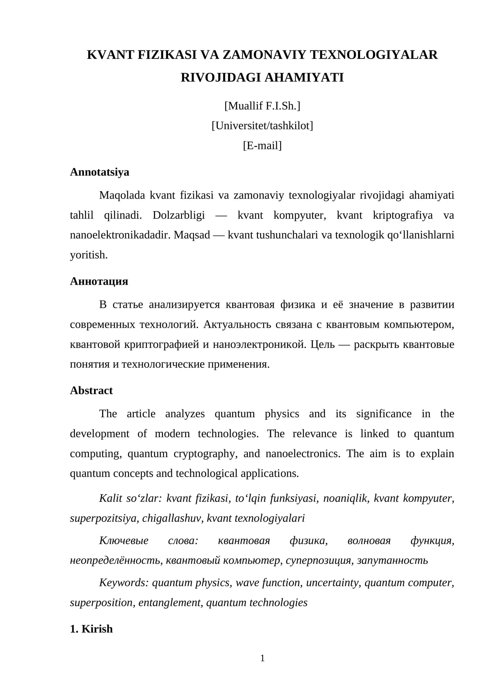 KVANT FIZIKASI VA ZAMONAVIY TEXNOLOGIYALAR RIVOJIDAGI AHAMIYATI