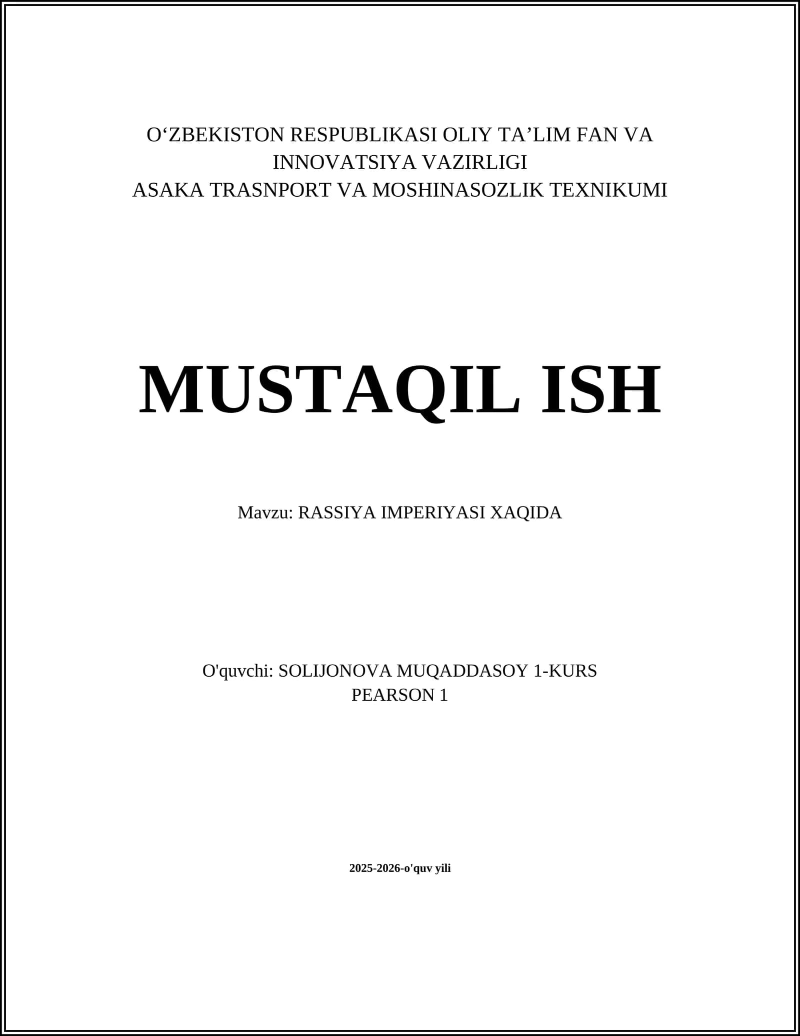 RASSIYA IMPERIYASI XAQIDA