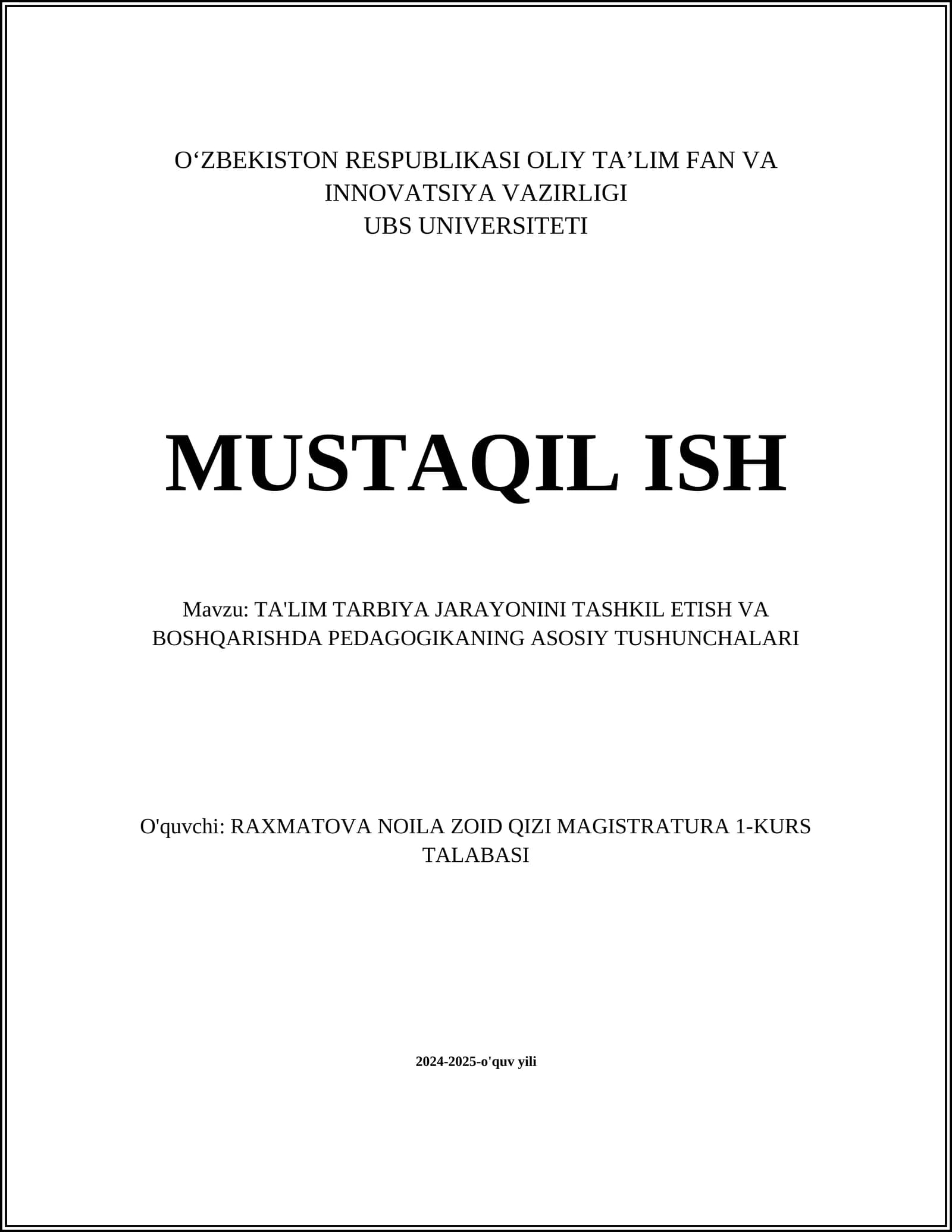 TA'LIM TARBIYA JARAYONINI TASHKIL ETISH VA BOSHQARISHDA PEDAGOGIKANING ASOSIY TUSHUNCHALARI