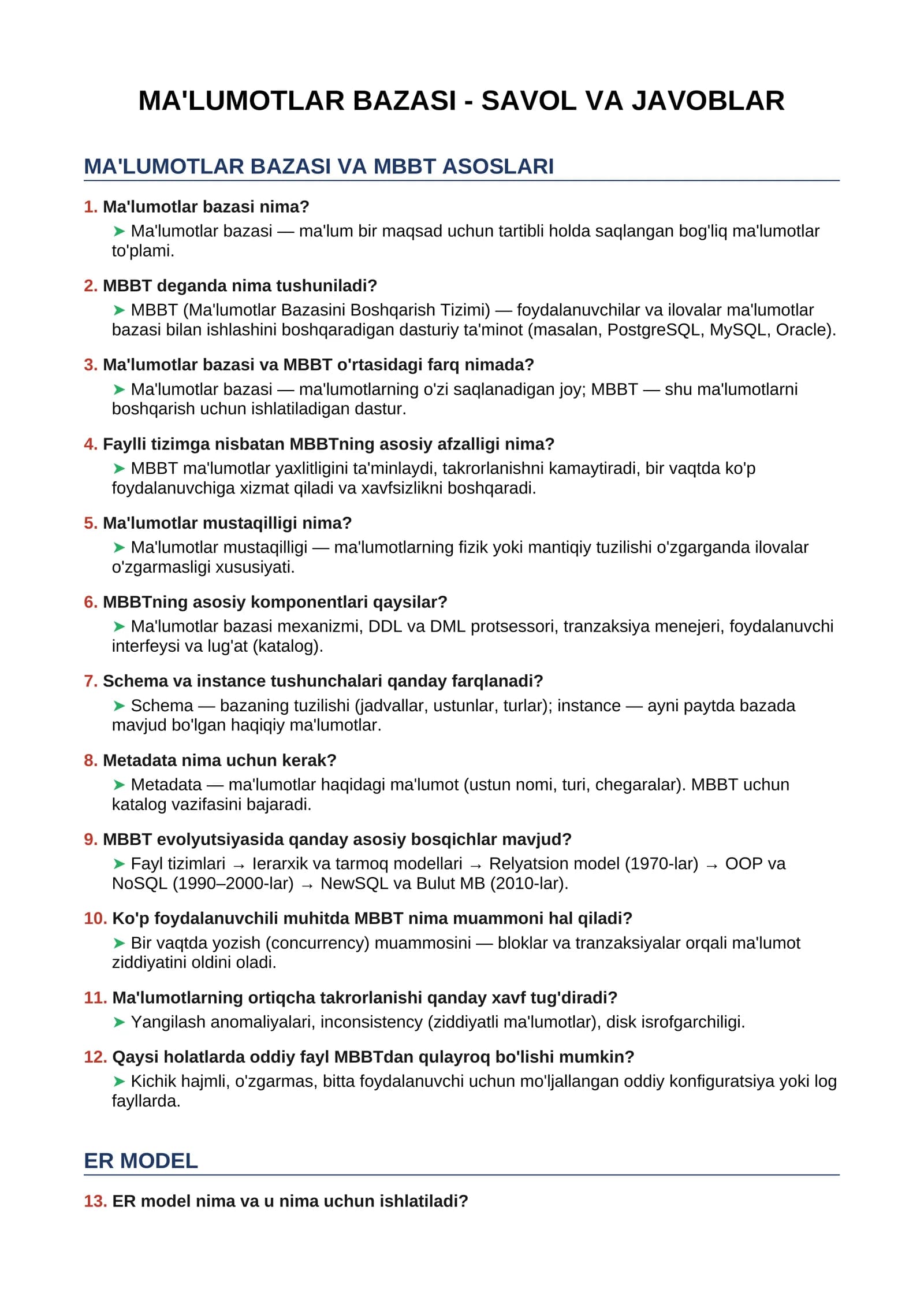 MA'LUMOTLAR BAZASI - SAVOL VA JAVOBLAR