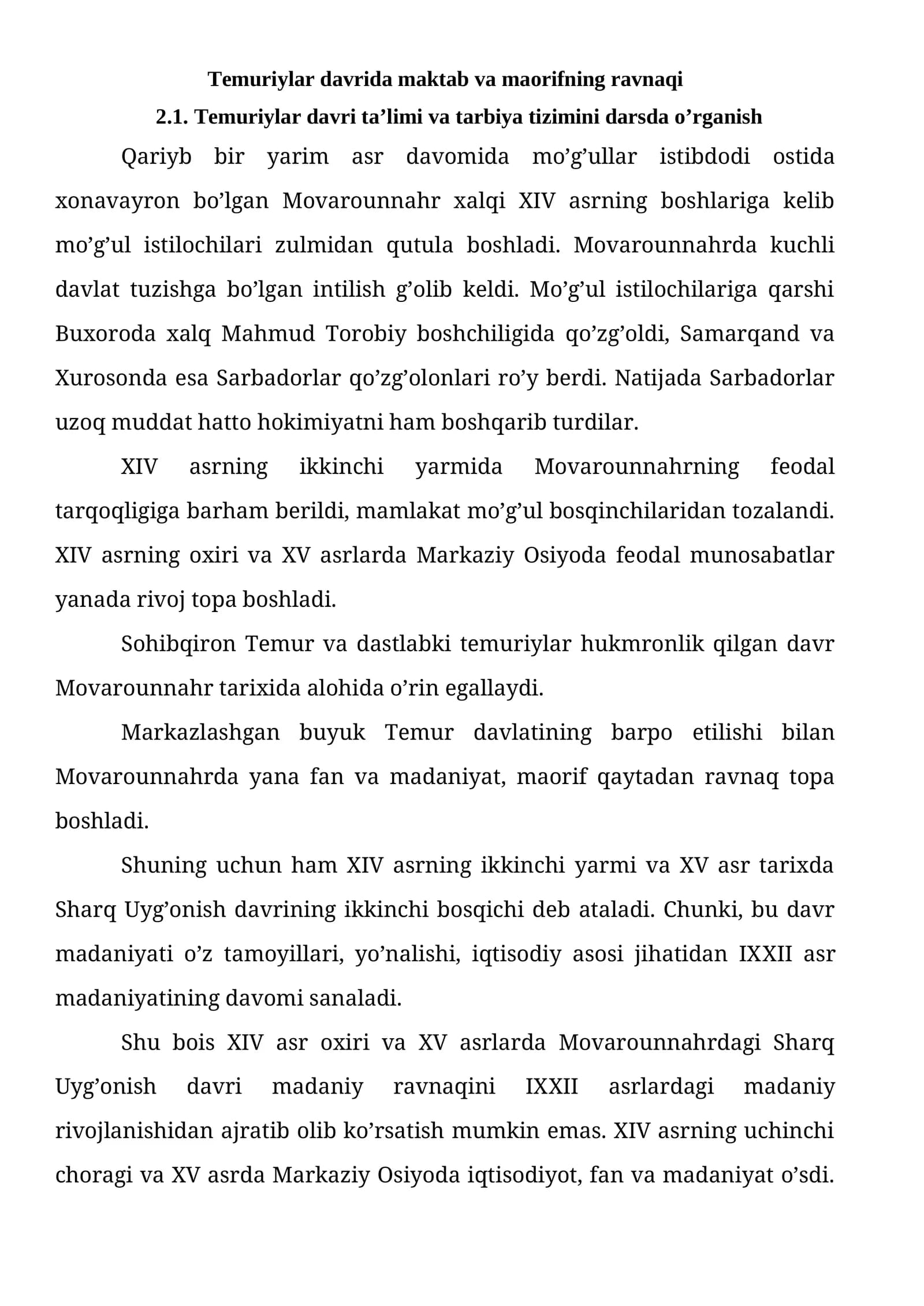Temuriylar davrida maktab va maorifning ravnaqi