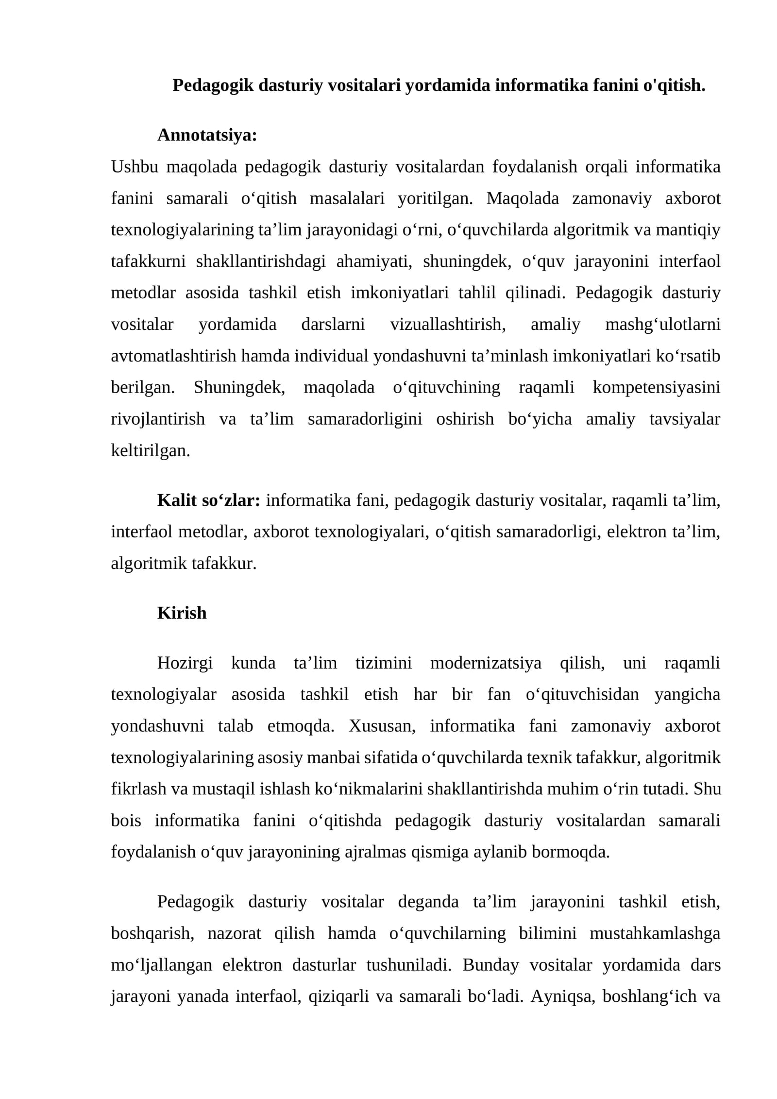 Pedagogik dasturiy vositalari yordamida informatika fanini o'qitish
