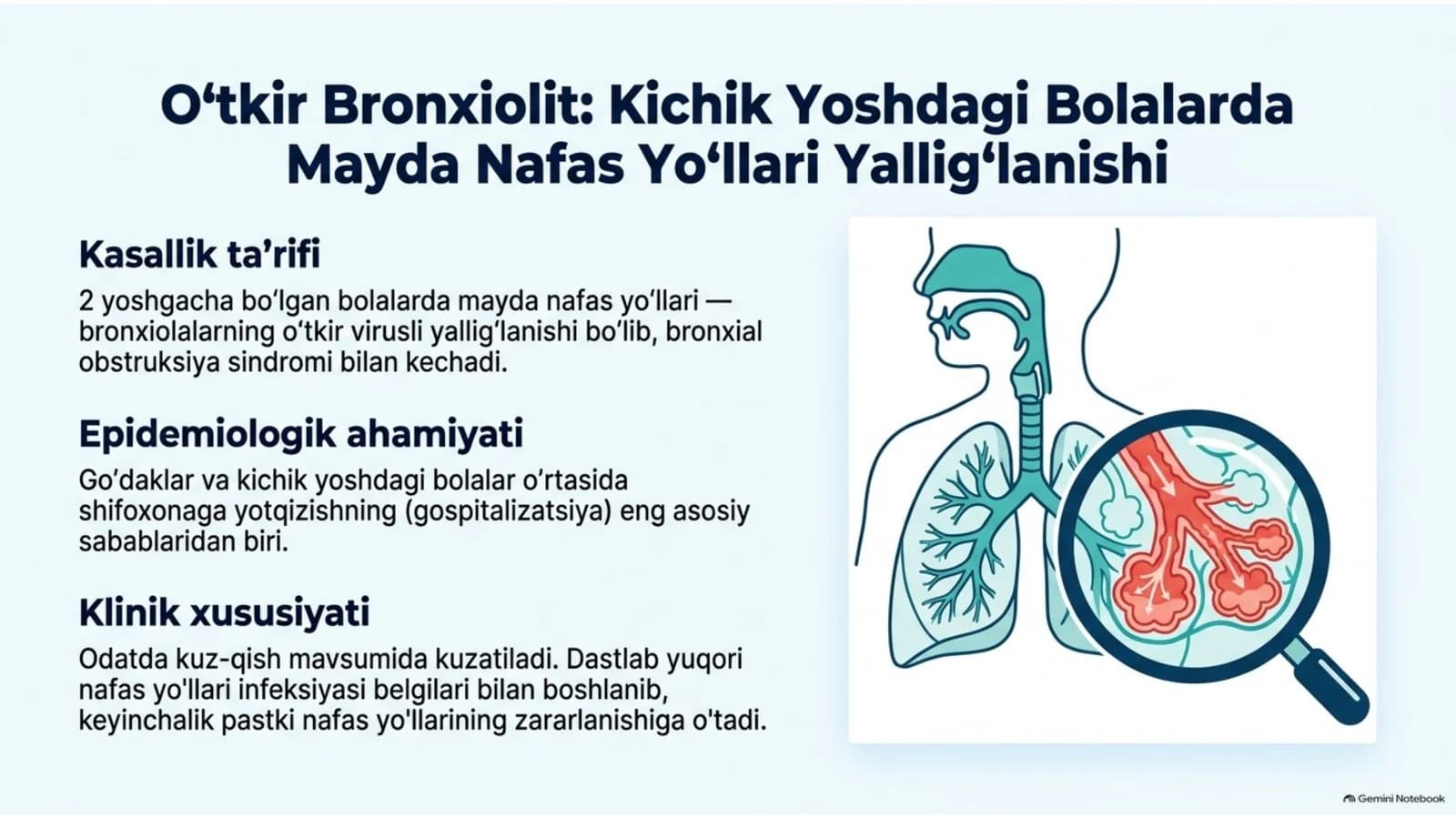 Bolalarda o‘tkir bronxiolit — klinika, diagnostika va davolash | 15 slayd