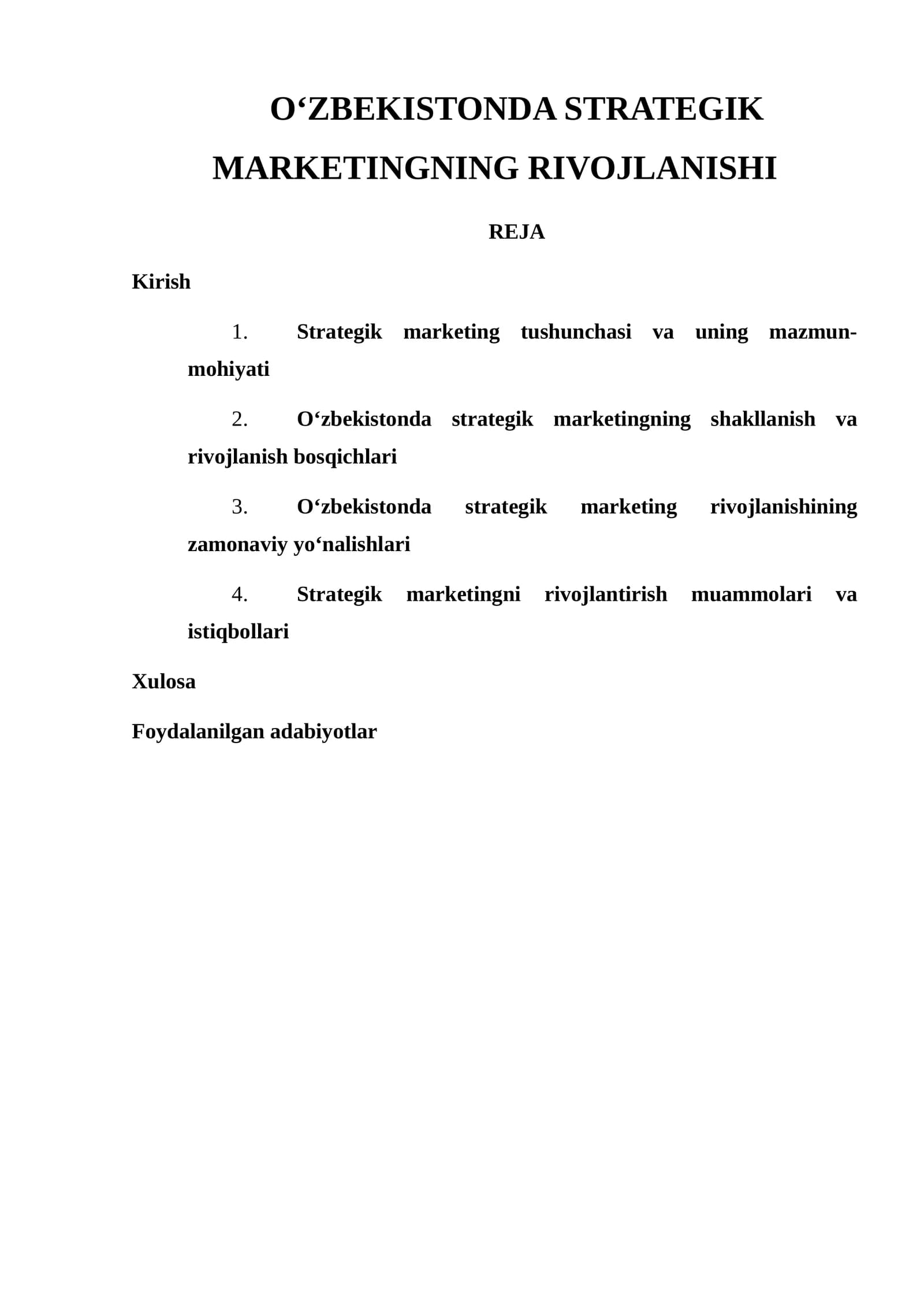 O‘ZBEKISTONDA STRATEGIK MARKETINGNING RIVOJLANISHI