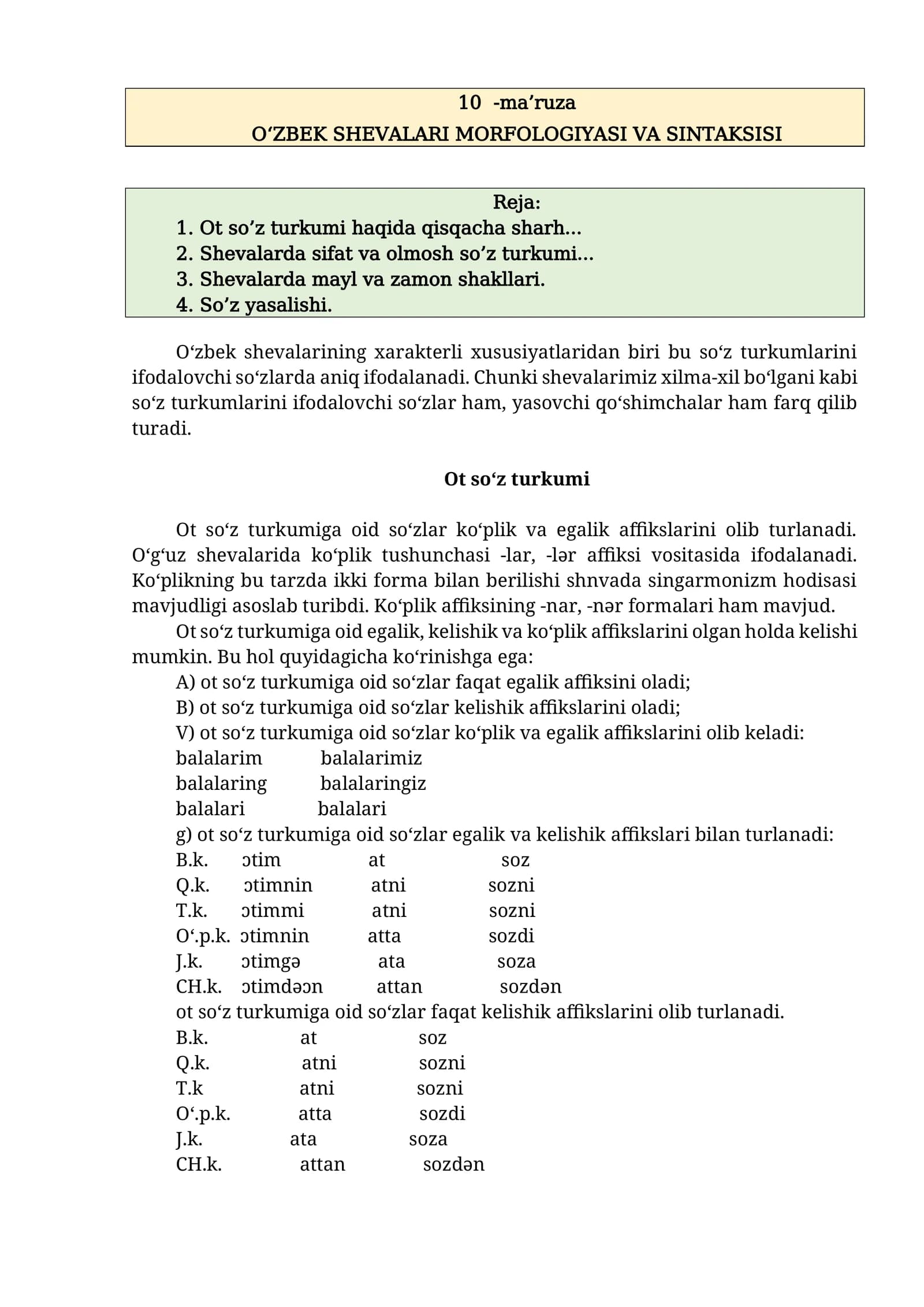 O‘ZBEK SHEVALARI MORFOLOGIYASI VA SINTAKSISI