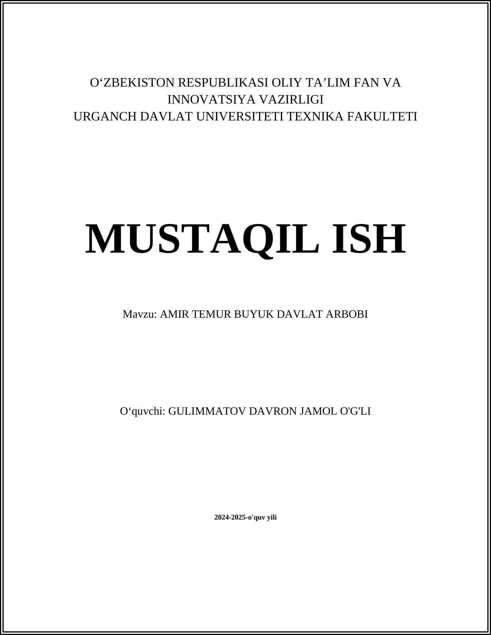 AMIR TEMUR BUYUK DAVLAT ARBOBI