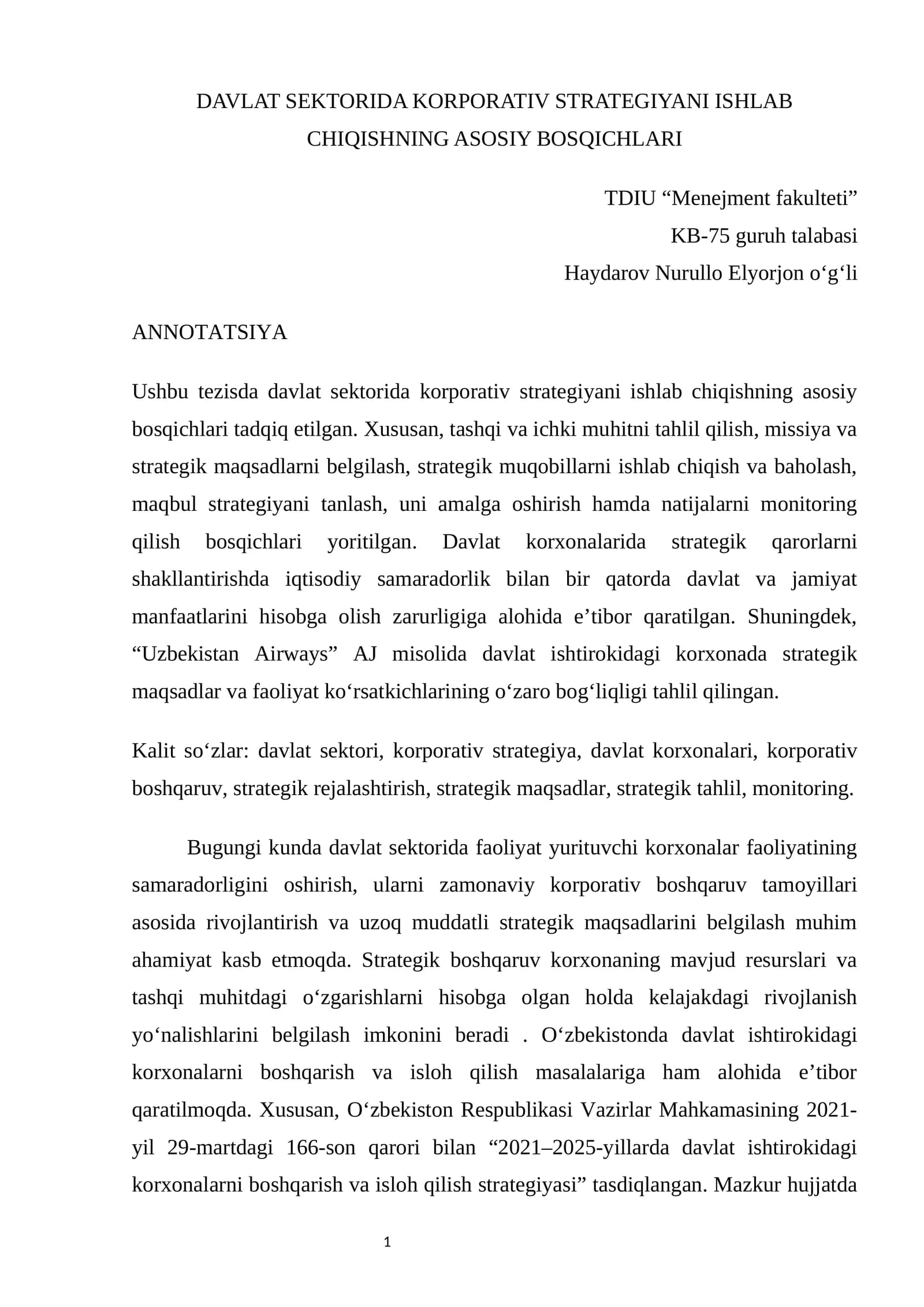 DAVLAT SEKTORIDA KORPORATIV STRATEGIYANI ISHLAB CHIQISHNING ASOSIY BOSQICHLARI