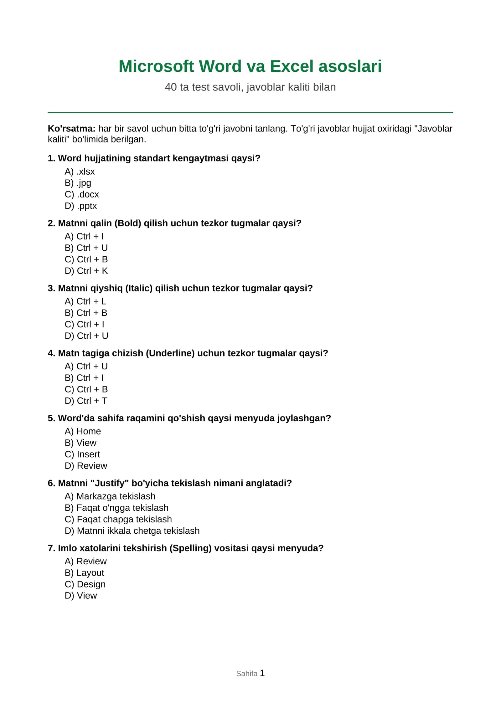 Microsoft Word va Excel asoslari