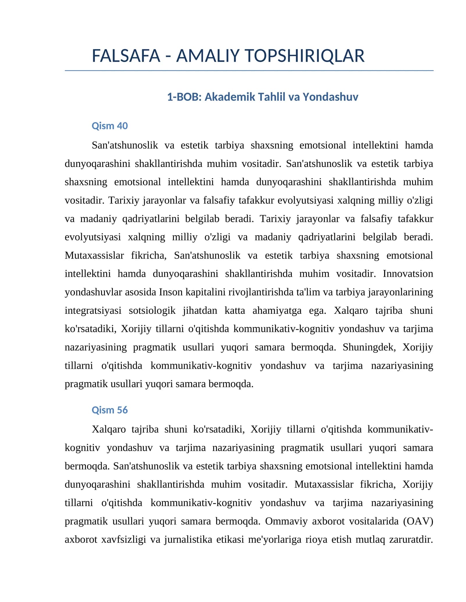 FALSAFA - AMALIY TOPSHIRIQLAR